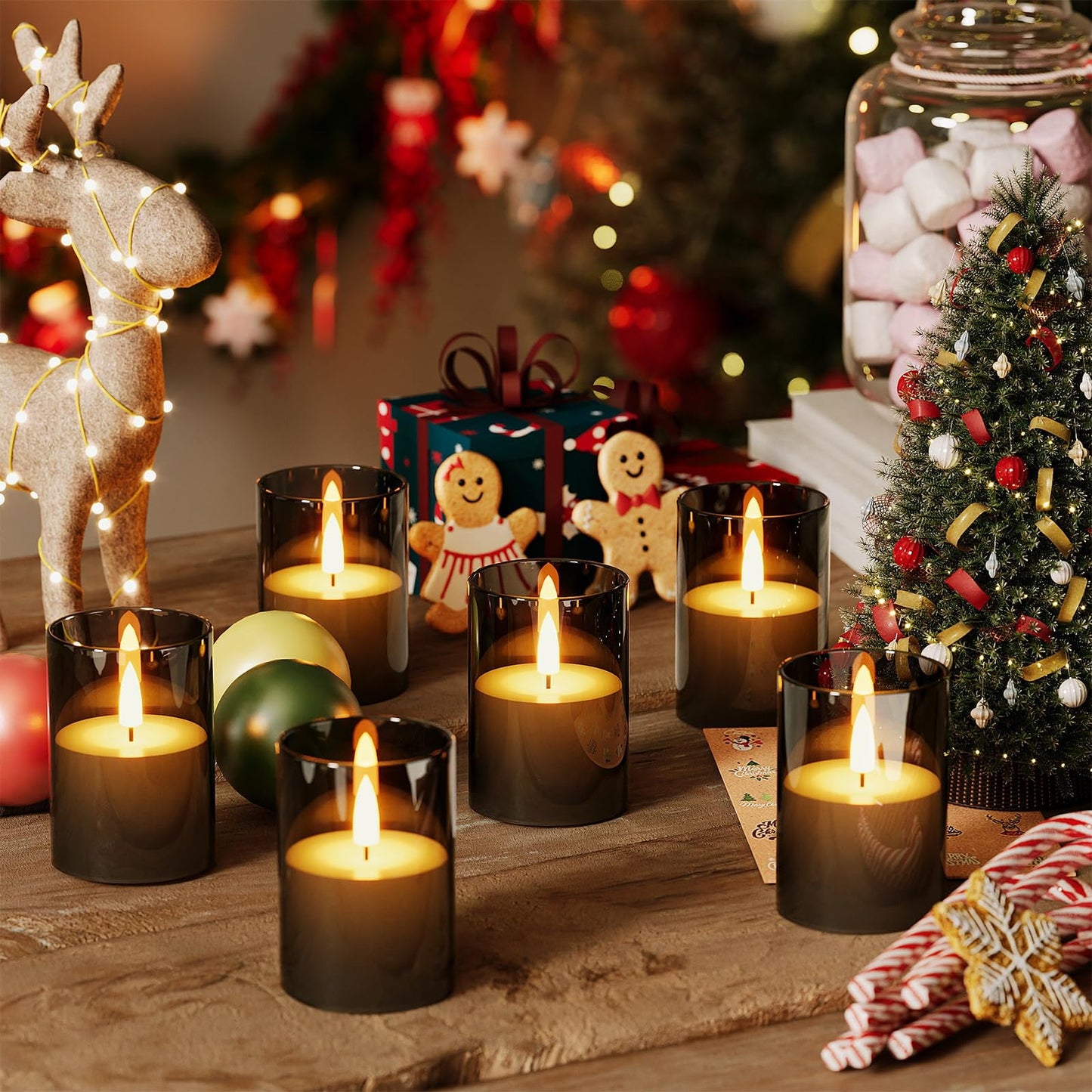VIODAIM 12Pack Flickering Flameless LED Candles with Timer, Battery Powered - Small Pillar & Votive, Black (2"X3")