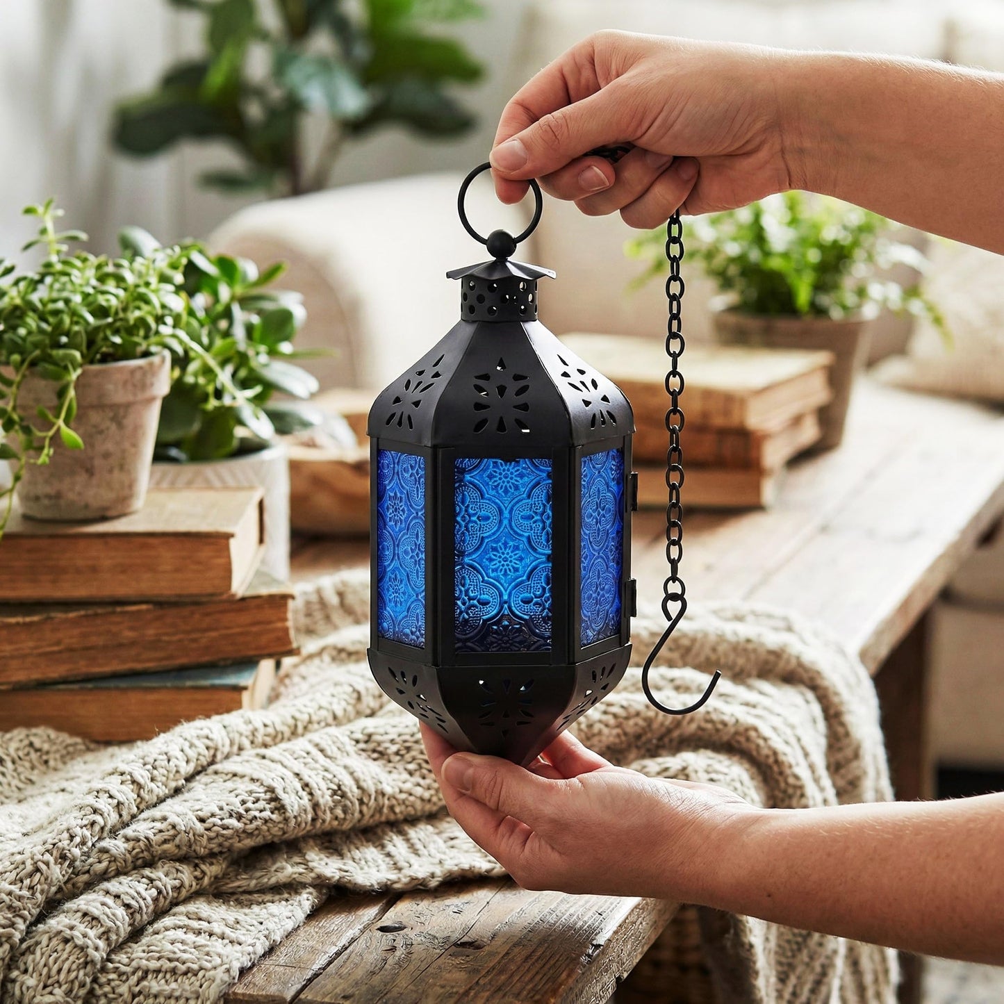 Vela Lanterns Hanging Moroccan Lamp - Exotic Decorative Patio & Porch Decor, Indoor Outdoor Tea Light Candle Lantern Holder with Chain (11" Medium, Cobalt Blue Glass)