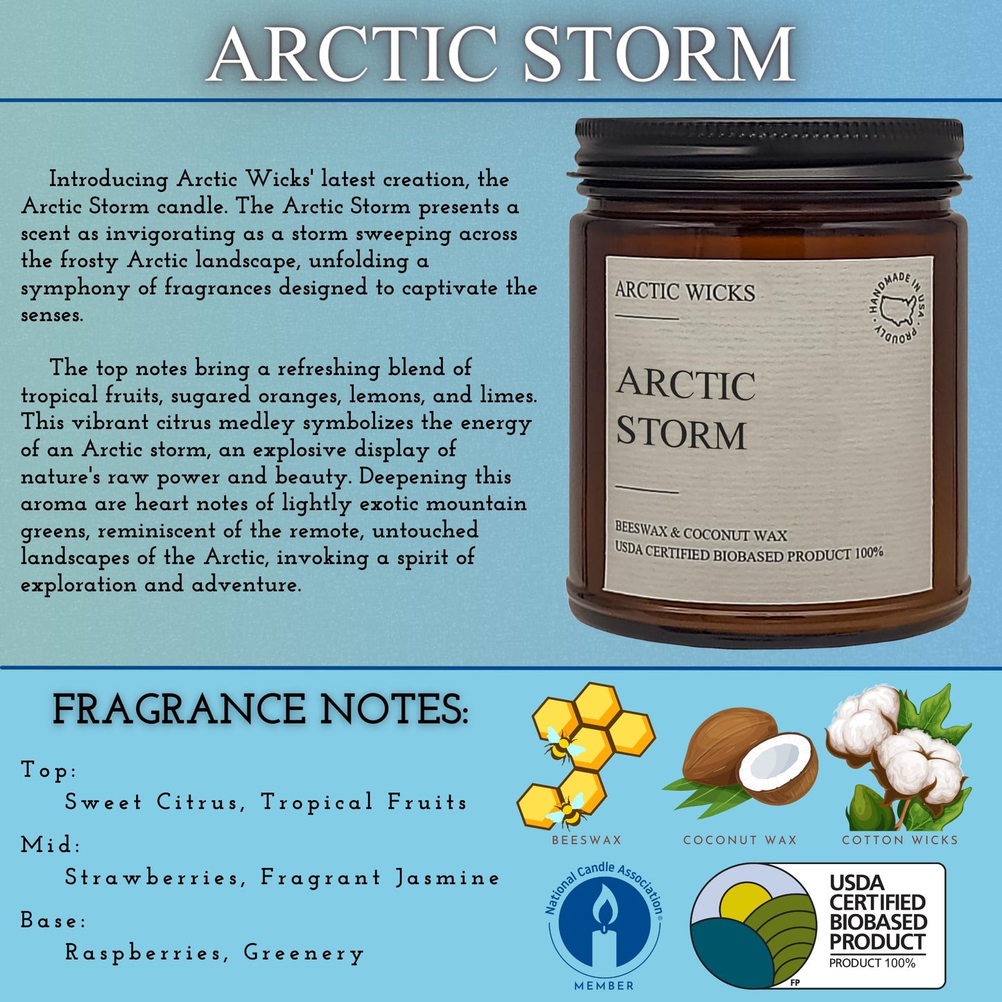 Arctic Wicks Scented Coconut Beeswax Candles | Coconut Beeswax Non Toxic Candle 9oz Amber | Farmhouse Candles Non-Toxic Clean Burn 100% USDA Certified Biobased (Arctic Storm)
