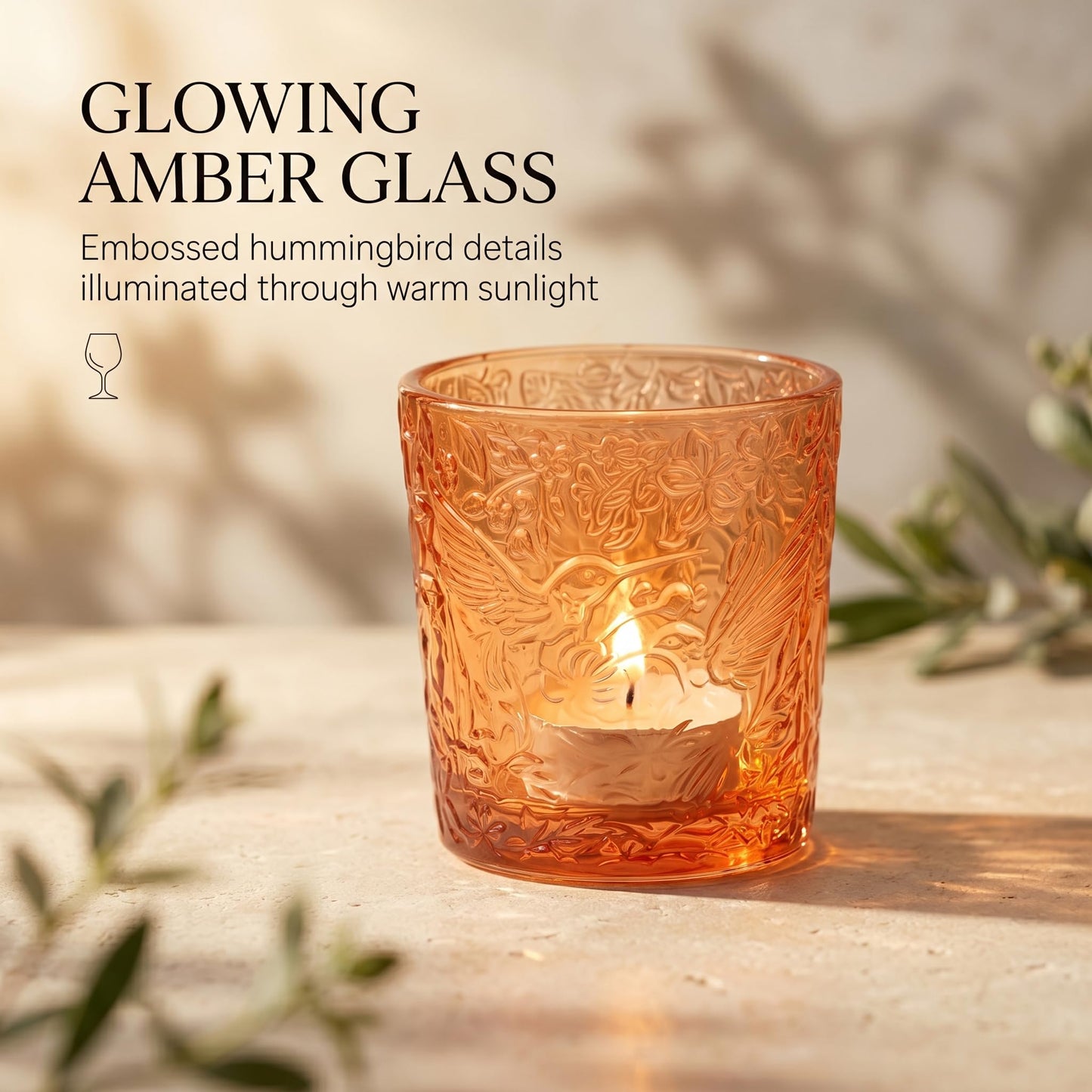 12 Pack Hummingbird Embossed Glass Candle Holders – Votive Tealight Holders with Patent Design, Decorative Embossed Glass Cups for Wedding Centerpieces, Parties, and Home Décor (Pumpkin Spice)