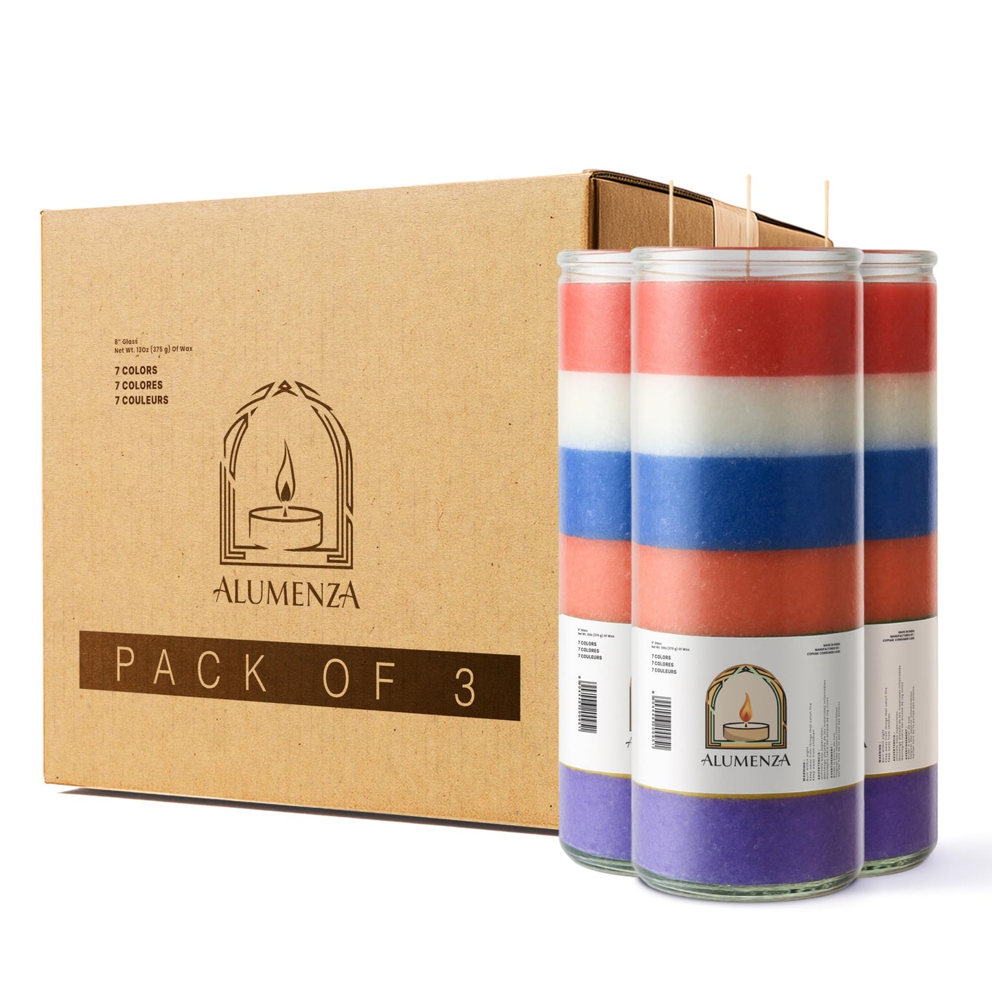 Alumenza 3 Pack 7 Color 7 Day Candles in Glass Jar – Paraffin Wax, Clean Burning Unscented | Large & Tall Devotional Prayer Pillar Candles for Home, Memorial, Spells, Long Lasting