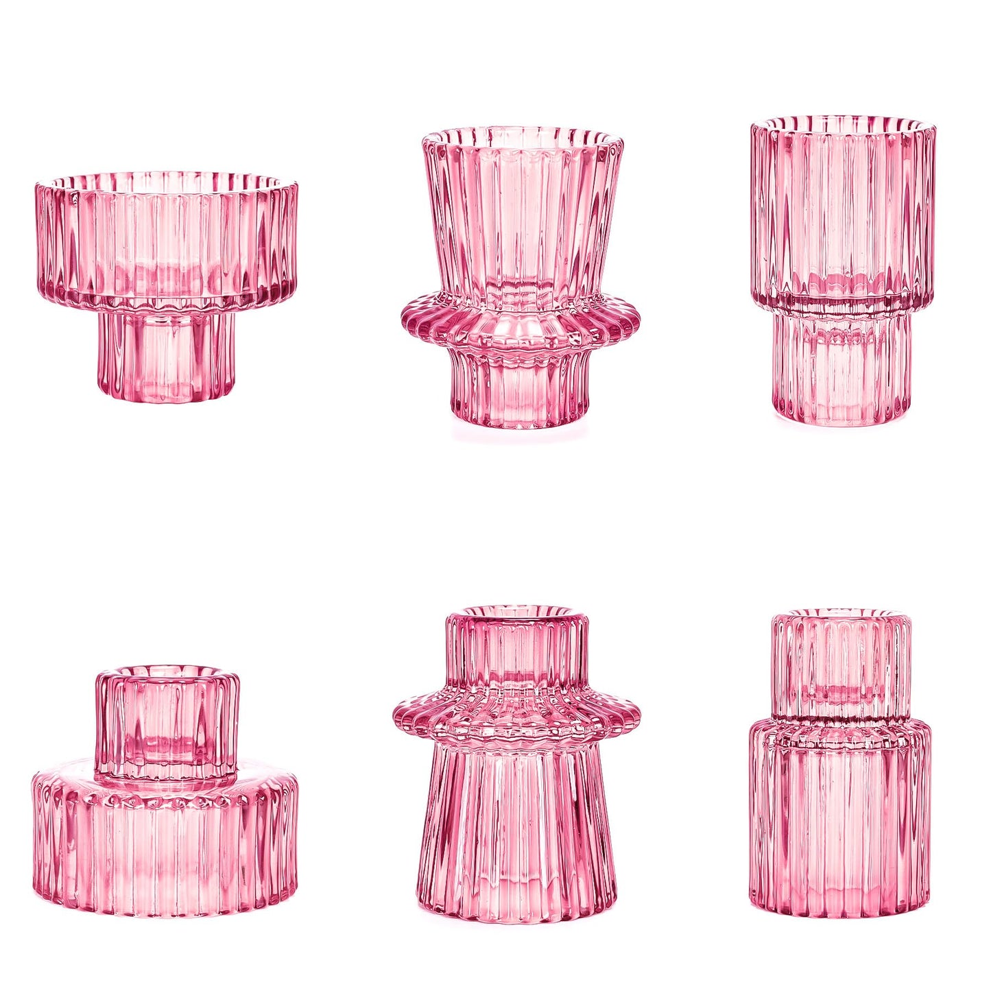 Toptime Candlestick Holders Set of 6, Ribbed Glass Taper Candle Holders, Reversible Pink Tealight & Candle Stick Candle Holder Vintage Crystal Tapered Candlestick for Wedding Dinner Party Festival
