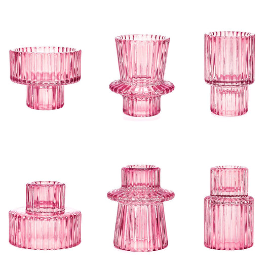 Toptime Candlestick Holders Set of 6, Ribbed Glass Taper Candle Holders, Reversible Pink Tealight & Candle Stick Candle Holder Vintage Crystal Tapered Candlestick for Wedding Dinner Party Festival