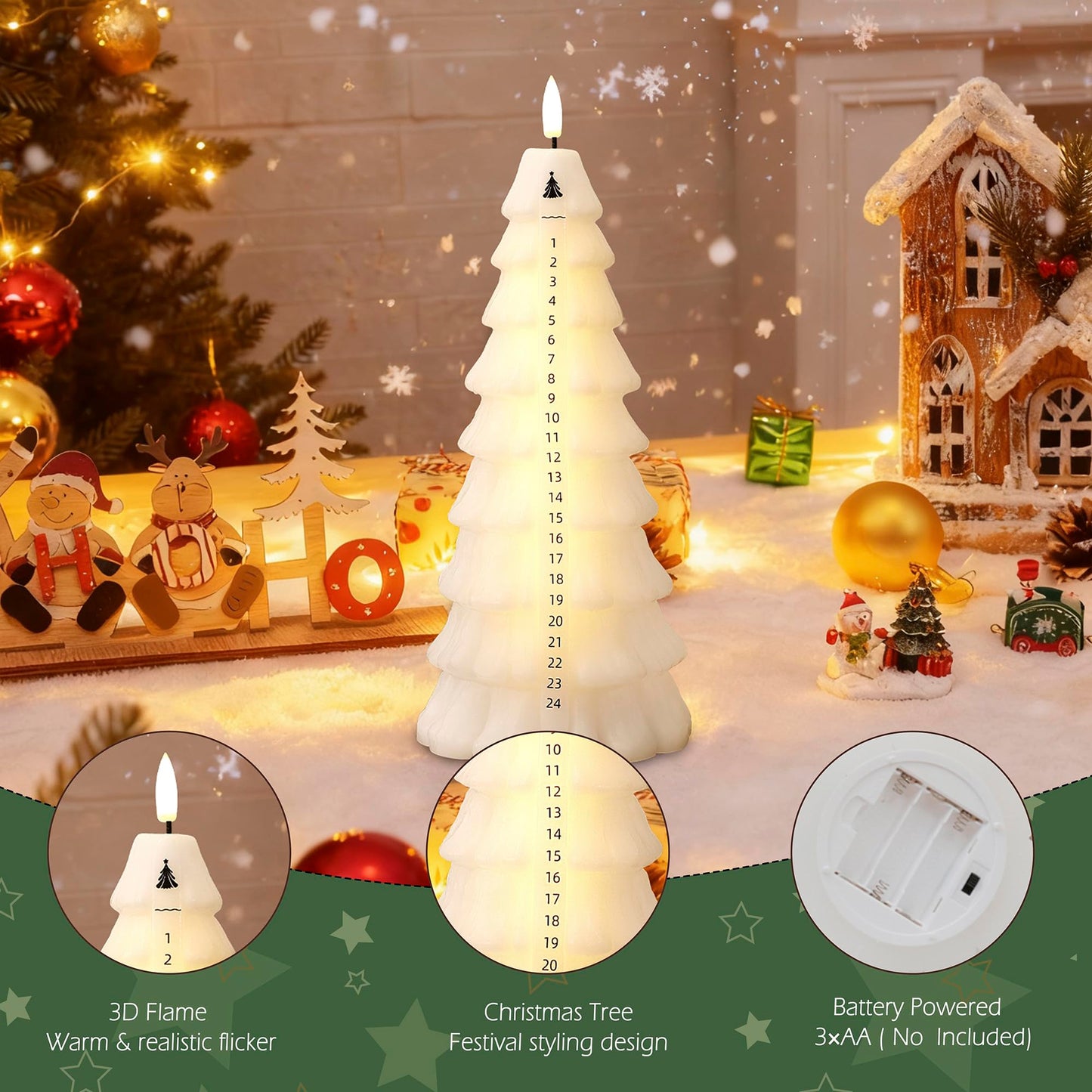 AFINETH Christmas Tree Candles with Remote, Real Wax Christmas Countdown Candle, Countdown to Christmas Battery Operated Candles, Xmas Flameless Advent Candle for Table Decor