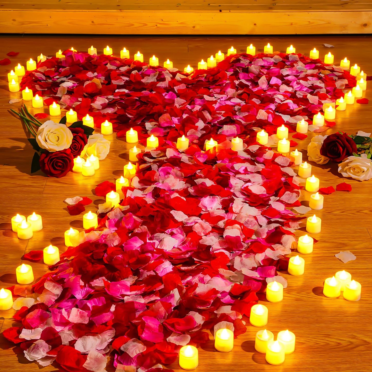 Coume 6000 Pcs Artificial Rose Petals with 72 Pcs Flameless LED Candles Romantic Decorations Fake Candles Anniversary Decorations for Valentine's Day Wedding Night(Warm White with Red Series Petal)