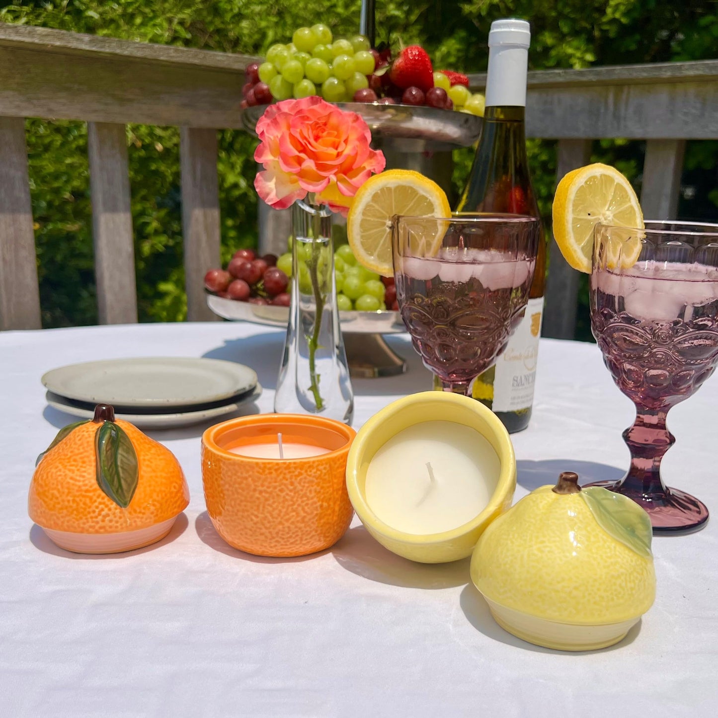 WHW Whole House Worlds Citrus Shaped Candles, Set of 2, 1 Lemon Yellow and 1 Bright Orange Ceramic Jars with Lids, Long Burn Time, 13 hours burn time, 4.75 Inches Each