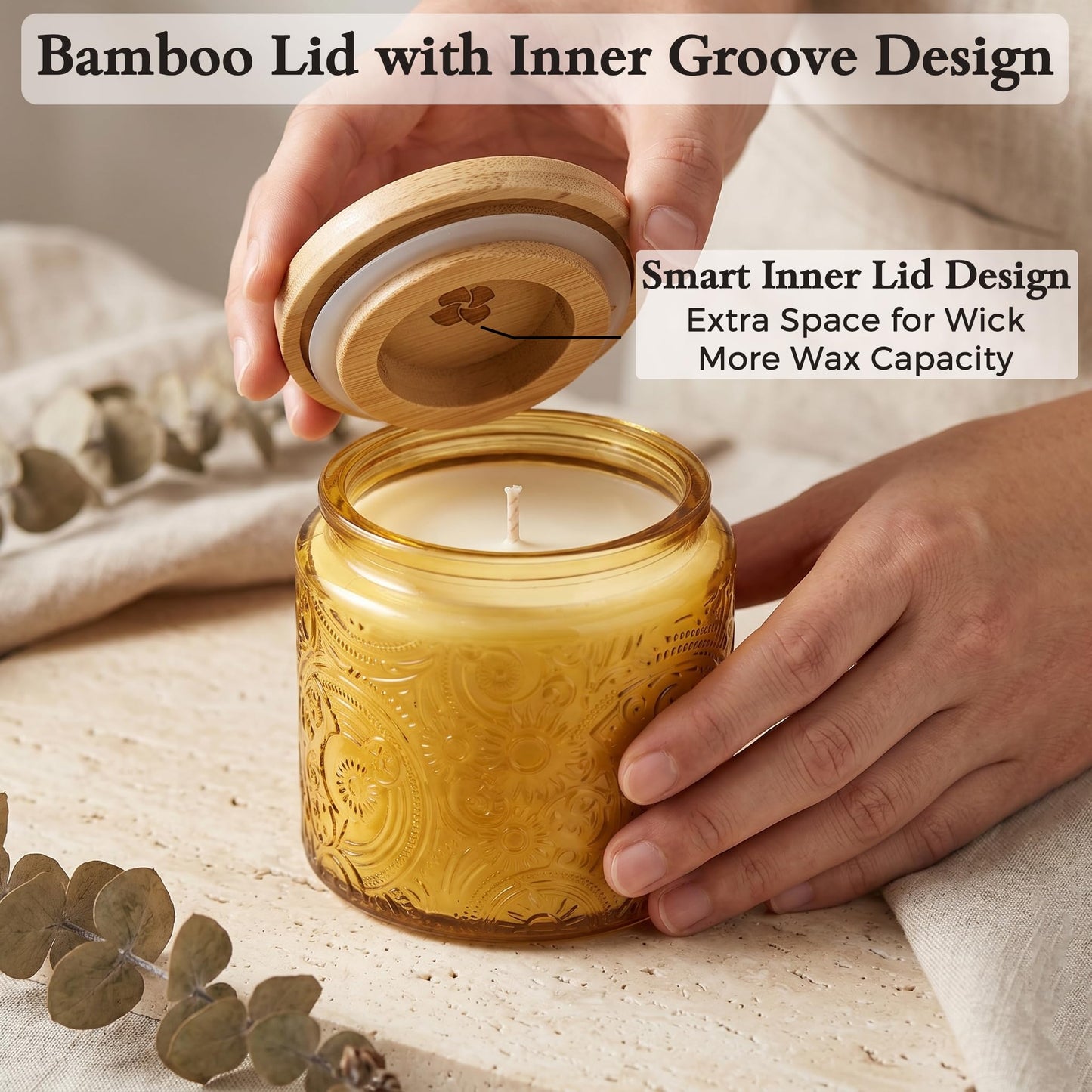 10 oz Embossed Glass Candle Container with Bamboo Lids and Labels, Clear Candle Jars for Making Candles, Sun Moon Stars Design - Pack of 9 (Orange)