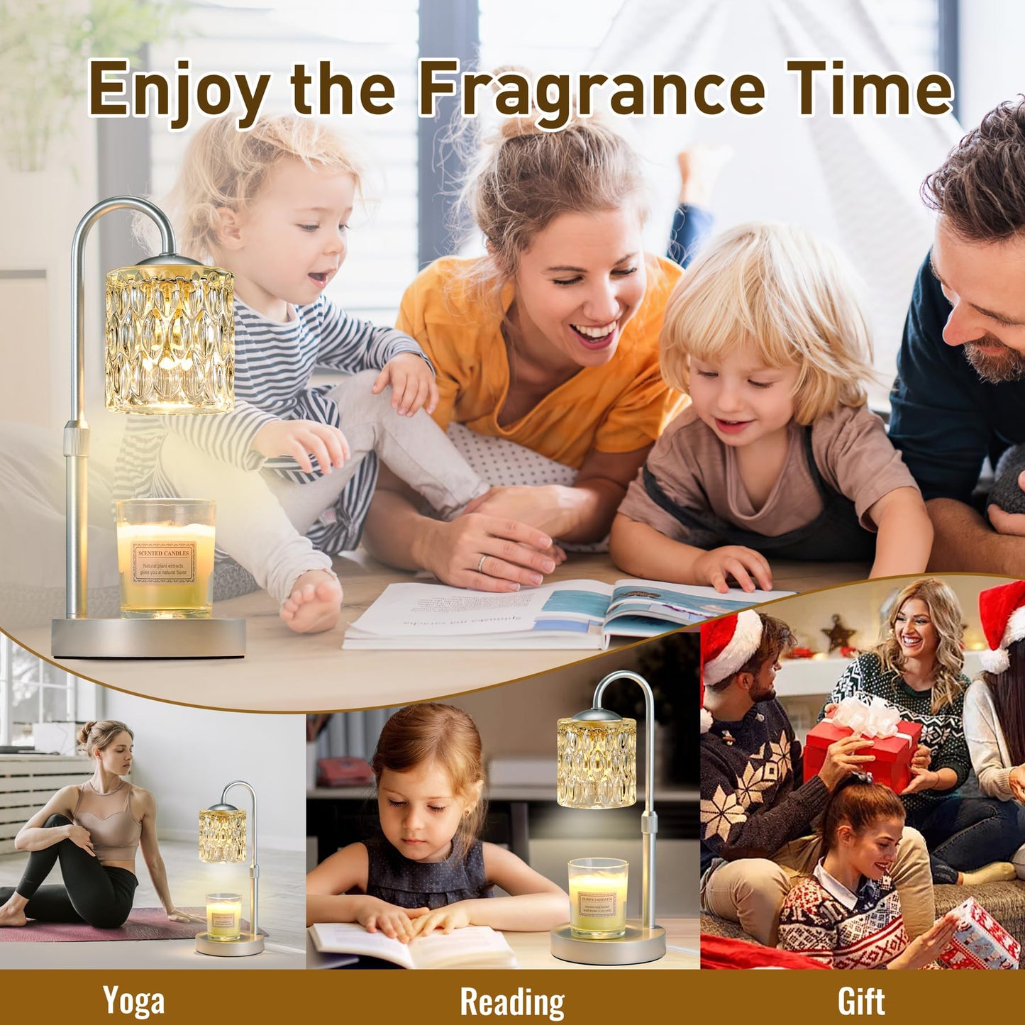 Briever Dimmable Candle Warmer Lamp with Timer, Height Adjustable Electric Candle Wax Warmer, Christmas Birthday Gifts for Women Mom, House Warming Gifts New Home Room Decor, Silver Solid Wood Base
