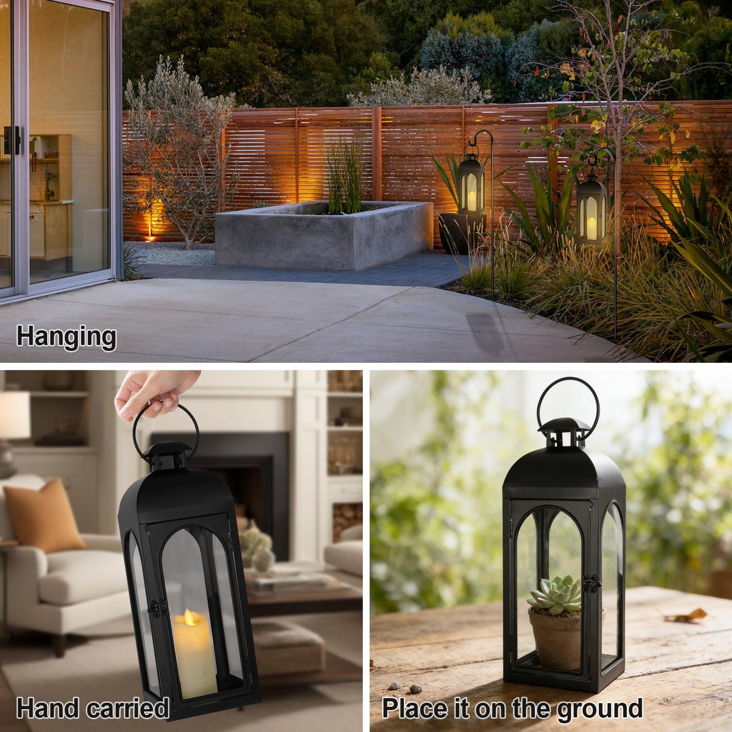 Damsico Lantern Decorative Indoor & Outdoor, 16.5IN Large Hanging Candle Lanterns, Black Metal Decorative Candle Lanterns, Waterproof Hanging Lantern for Porch Patio Wedding Home