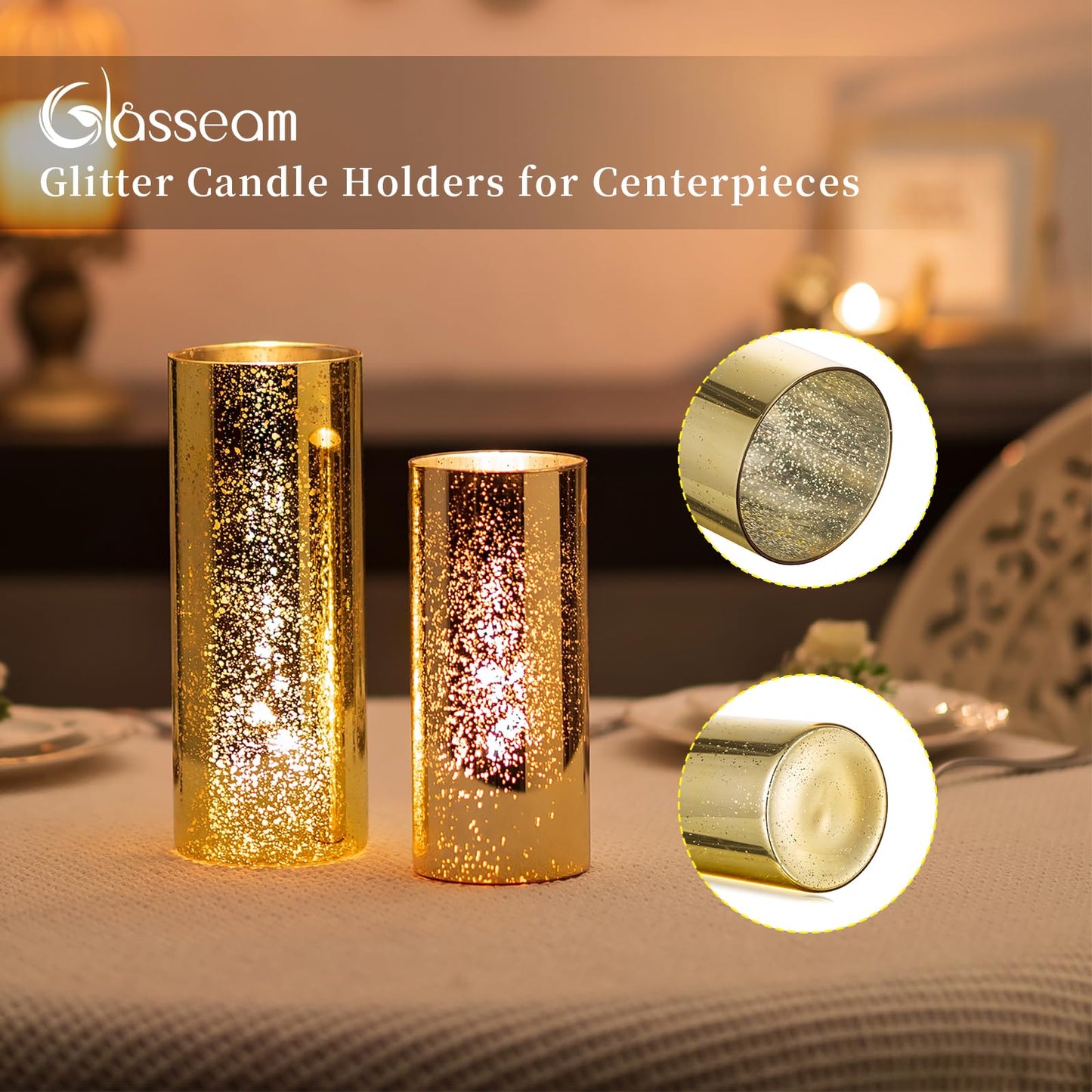 Glasseam Gold Hurricane Candle Holder Set of 2, Mercury Glass Candle Holder, Cylinder Candle Holders for Pillar Candles, Floating Candle Vases for Centerpieces Wedding Table Christmas Party 7.8''+10''