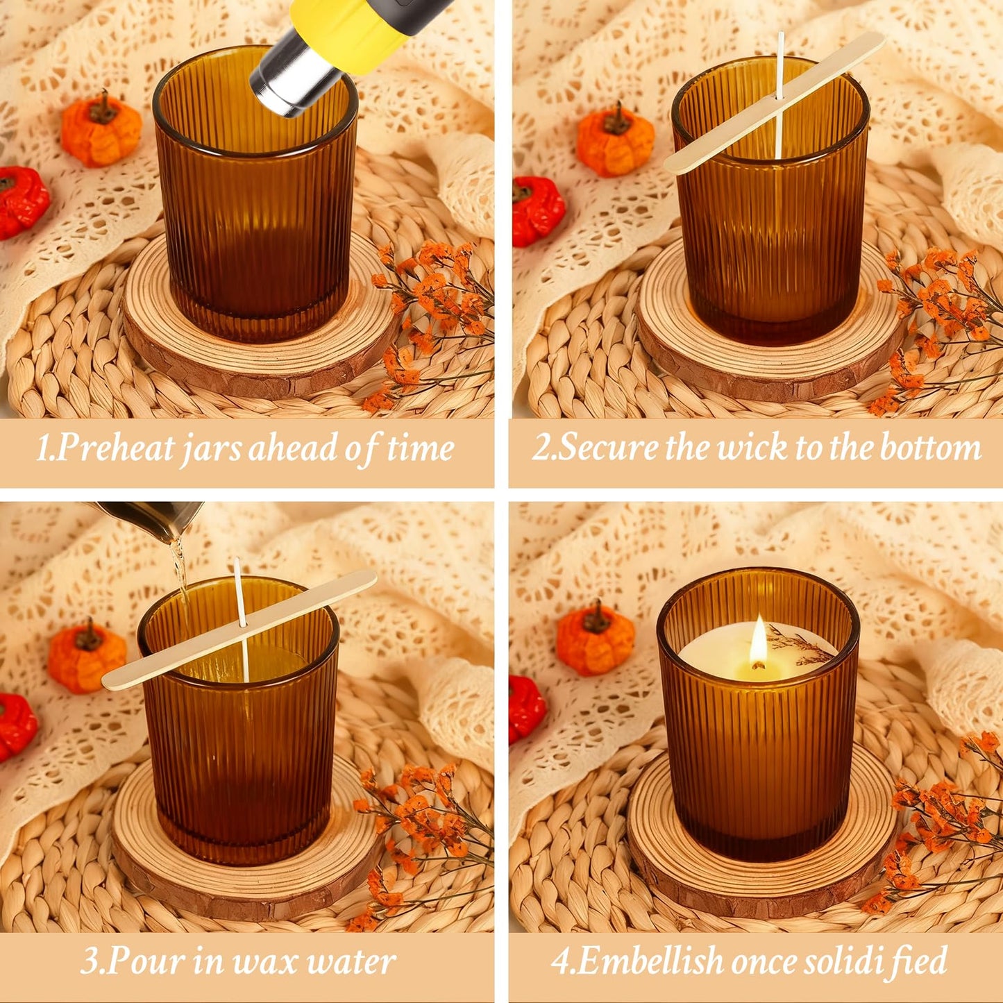CONNOO 16pcs Ribbed Candle Glass Jars with Natural Bamboo Lids, 7oz Thick Containers for Candle Making with Wicks & Stickers, Ribbed Amber Jars for DIY Projects, Bulk Orders, Gifts & Home Décor
