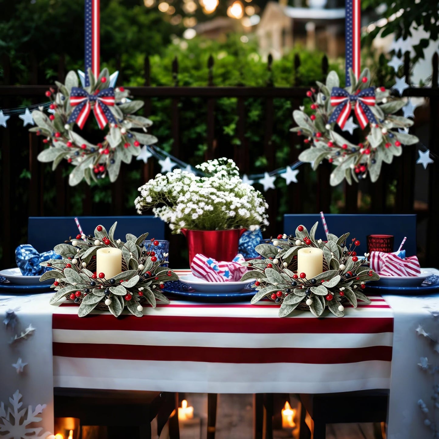 4 PCS Patriotic 4th of July Candle Rings Wreaths Independence Day Candle Rings Holder with Red White Blue Berries & Lamb's Leaves Mini Memorial Day Labor Day Wreath for Home Table Centerpiece Decor