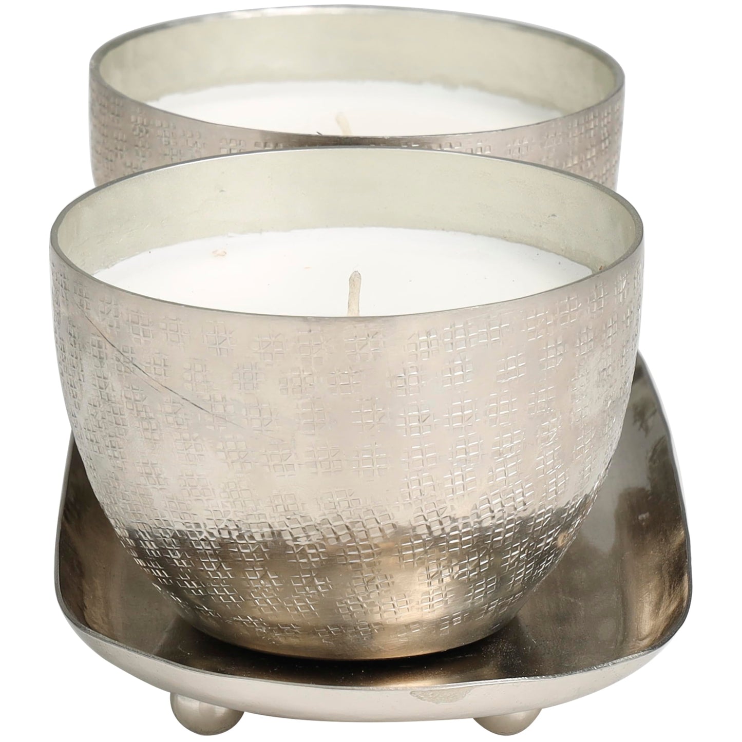 Deco 79 Metal Decorative Candle Campfire Scented Grid Patterned 10 oz 1 Wick Aromatherapy Candle with White Wax, Set of 2 Wax Aromatherapy Candle 10" W, 4" H, Silver