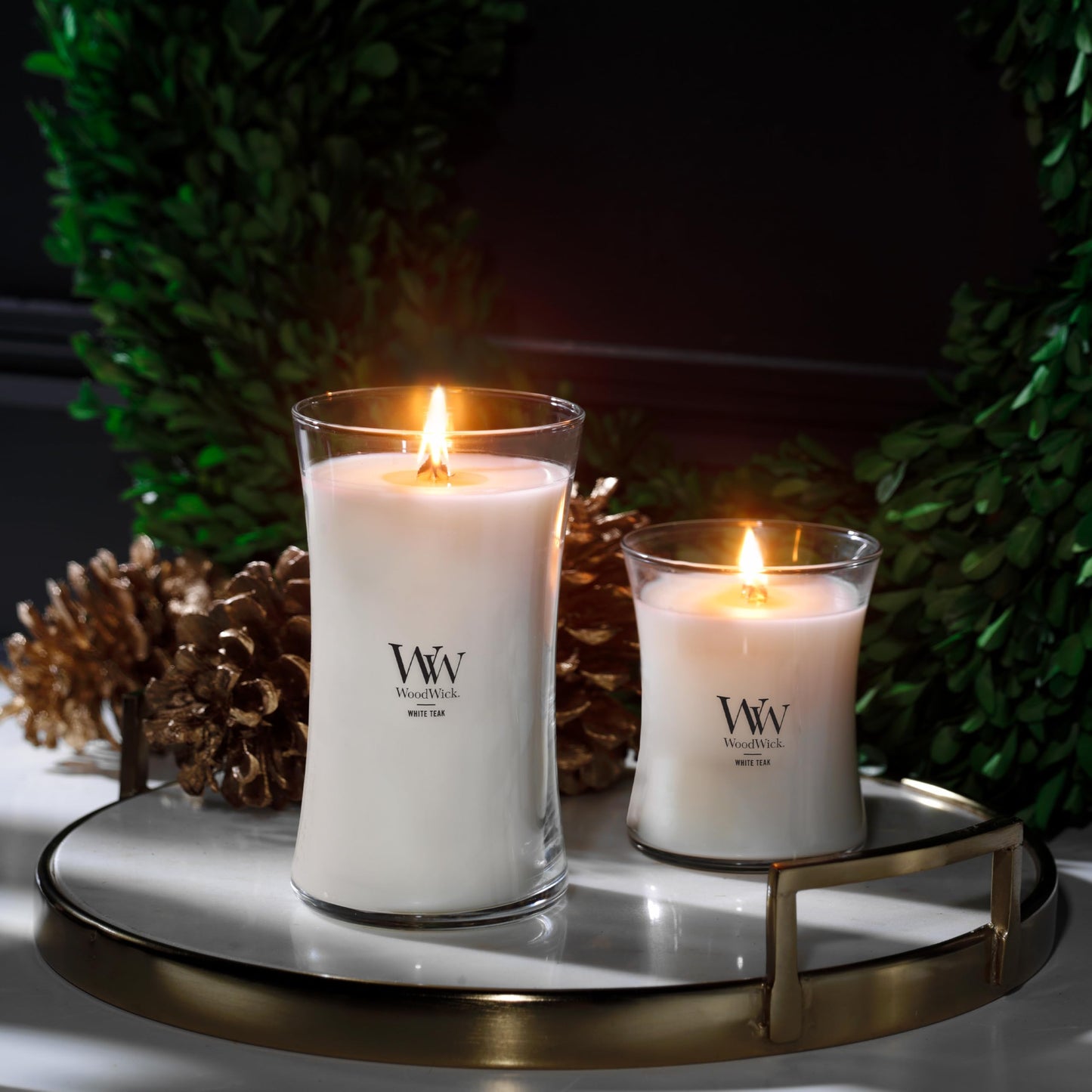 WoodWick Medium Hourglass Candle White Teak - Premium Soy Blend Wax Pluswick Innovation Wood Wick Made in USA