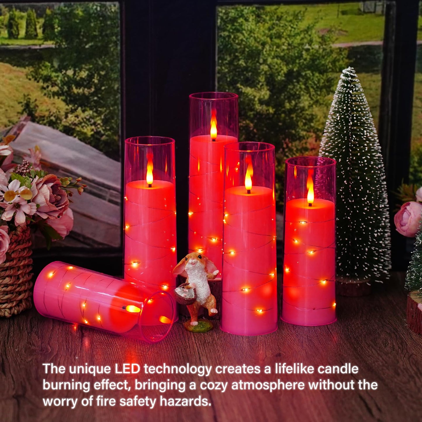 Eebuss Flameless Candles with Embedded Star String, Battery Operated LED Pillar Candles with Timer and Remote Control,Home Decorating for Ambiance， Set of 7 (Pink)