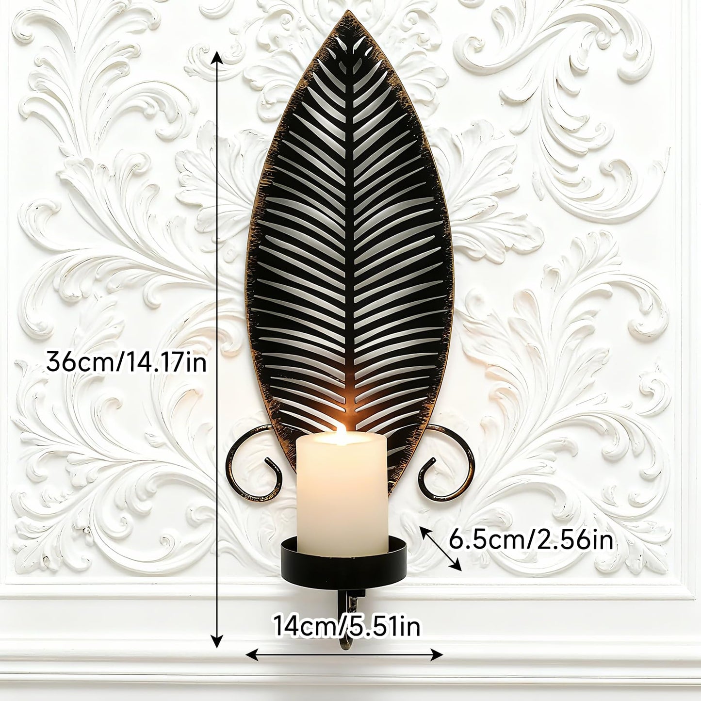 Leaf Wall Candle Sconces Vintage Metal Candle Holder, Set of 2 Wall Candlestick Mounted for Hallway Fireplace Bedroom Living Room (Black)