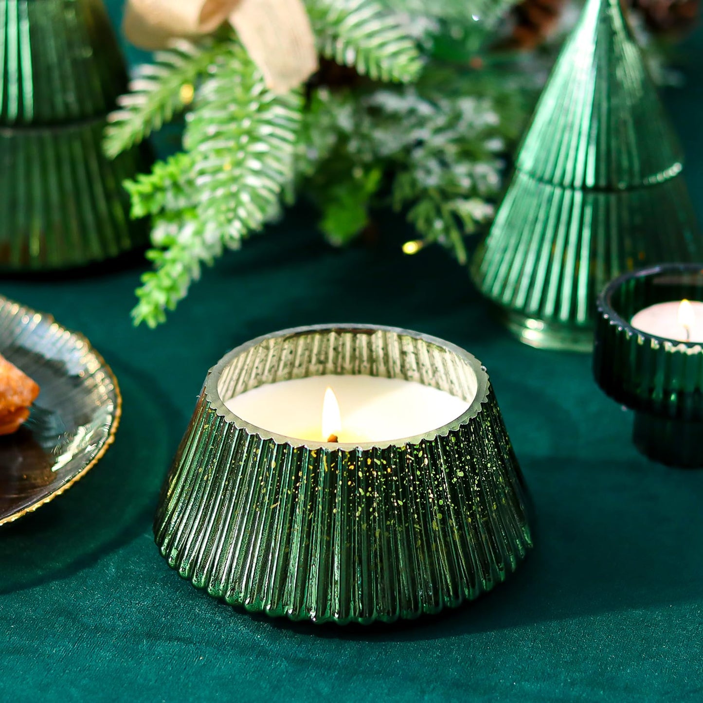 SYFURNIX Fir Pine Scented Candle Mercury Glass Tree Decorative Scented Candle Soy Wax Aromatherapy for Spring Home Table Decor Gift for Women 8oz Green
