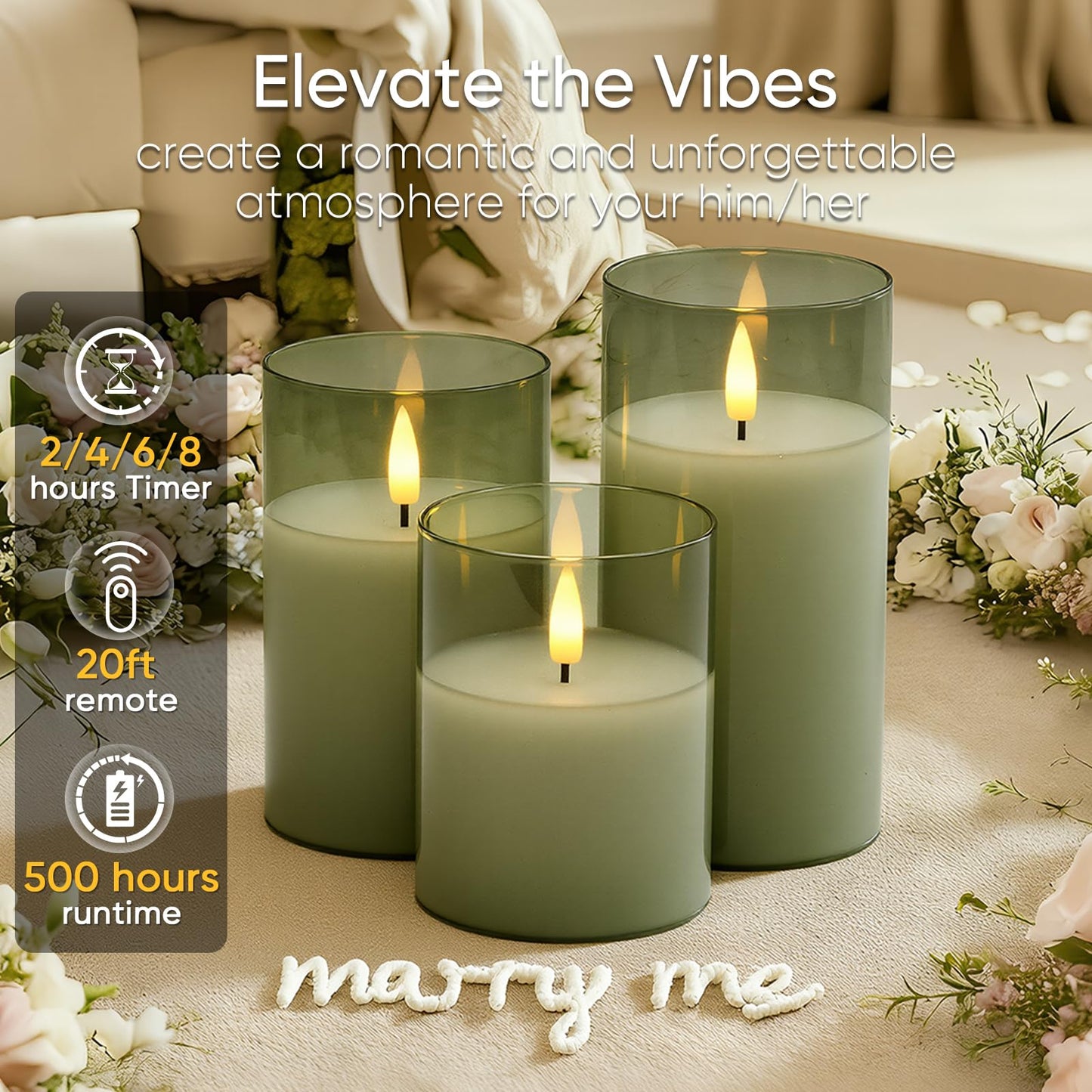 5plots Glass Battery Operated Green Flameless Candles with Remote Timer, 3D Wick Real Wax Pillar Led Candles Warm Flickering Light for Indoor Home, Halloween, Christmas Decor D3 x H4 5" 6", Set of 3