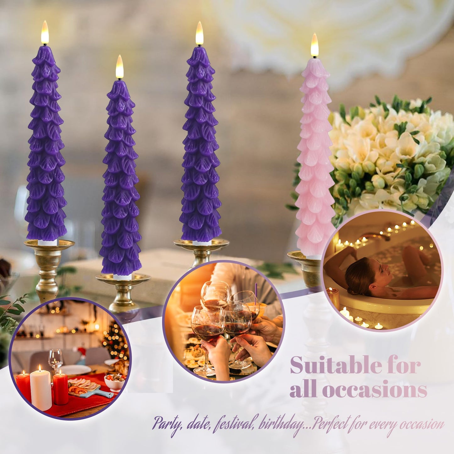 FCMSHAMD Advent Christmas Trees Flickering Flameless Candles with Remote and Timer, Real Wax 3D Flame Wick LED Candles, 9.8 Inch Battery Operated Candles for Christmas Home Decoration，4PCS