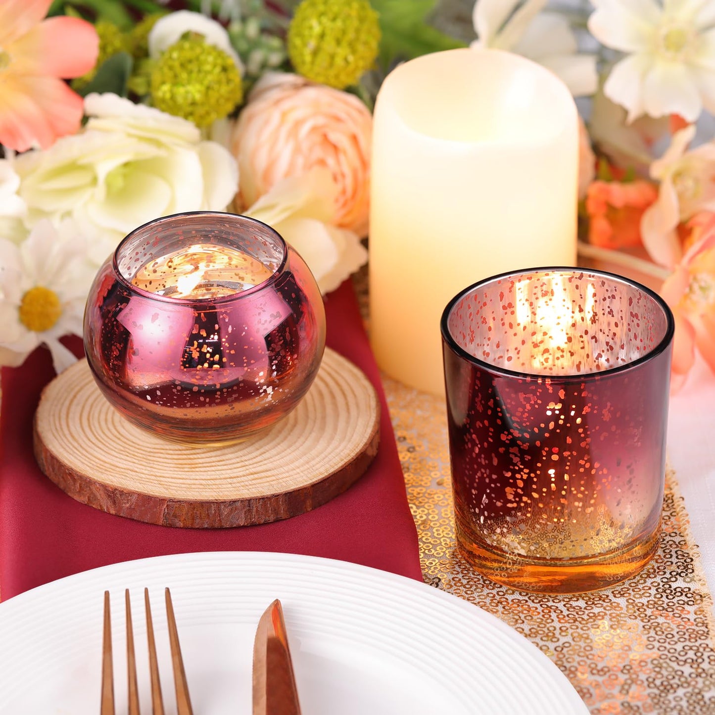 Volens 30pcs Assorted Burgundy Votive Candle Holders Bulk, Large Mercury Glass Votive for Wedding Table Centerpieces, Burgundy and Gold Themed Party Decorations and Home Decor