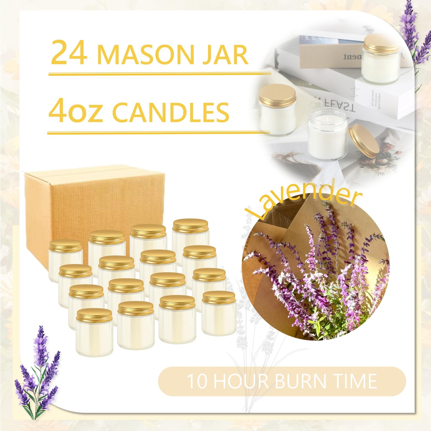 ACITHGL 24 Pcs 4oz Mini Mason Jar Candles Small Lavender Scented Candles Bulk Aromatherapy Ideal Souvenir Favors for Wedding Birthday Party (Gold, 24)