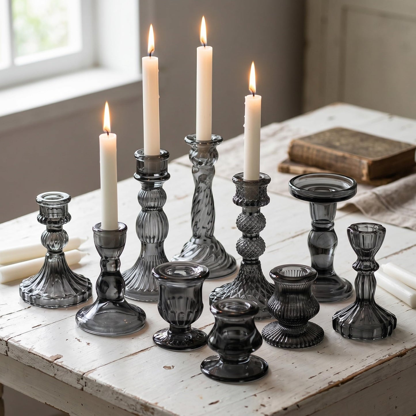 Mumufy 10 Pcs Glass Crystal Taper Candle Holders Clear Glass Candlestick Holder Fit 0.8 Inch Candles Crystal Decorative Candle Stand Centerpiece Table Wedding Dining Party (Classic,Black)