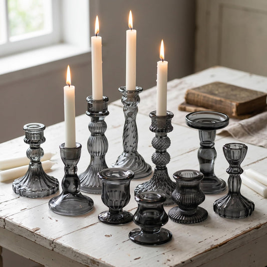 Mumufy 10 Pcs Glass Crystal Taper Candle Holders Clear Glass Candlestick Holder Fit 0.8 Inch Candles Crystal Decorative Candle Stand Centerpiece Table Wedding Dining Party (Classic,Black)