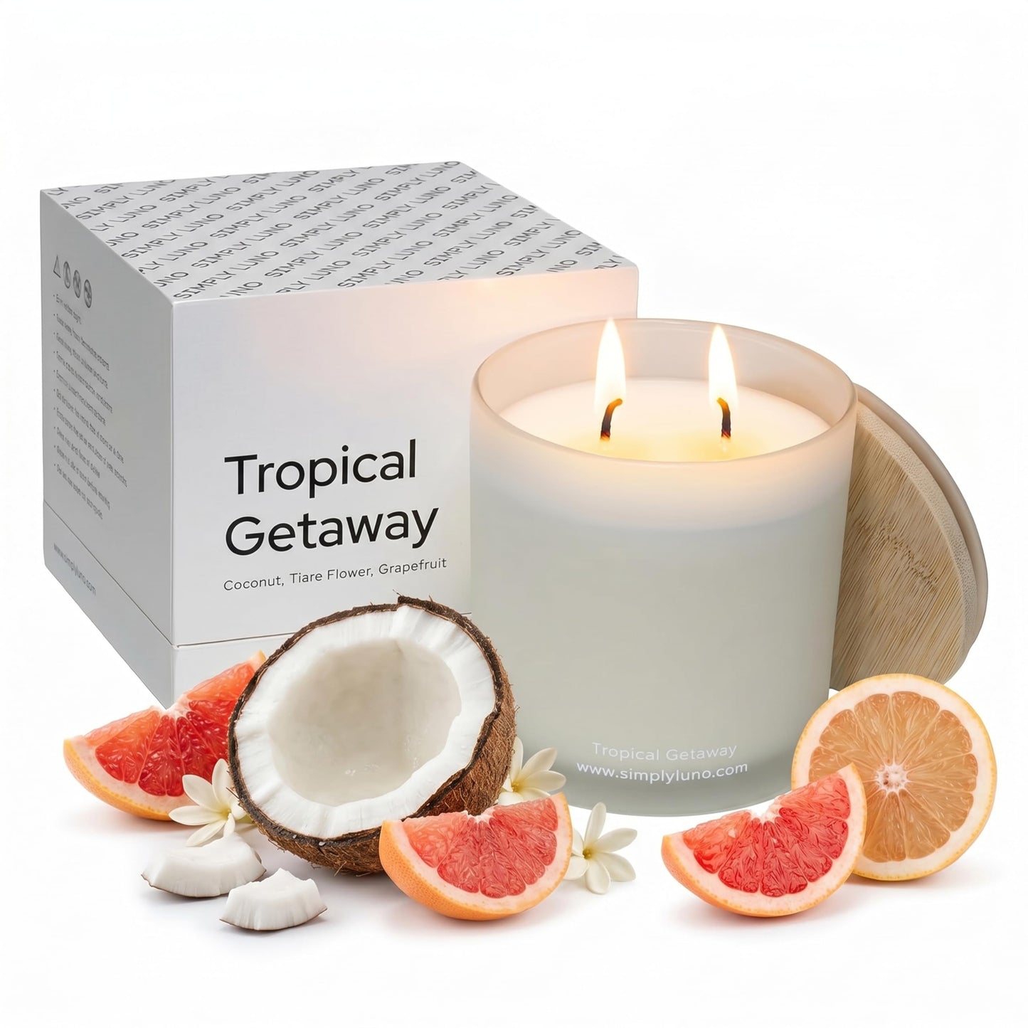 Tropical Getaway Coconut & Grapefruit Scented Candle | 14oz Soy Wax | 50+ Hour Long Lasting Burn | Reusable Glass Candle Jar with Bamboo Lid & Eco Friendly Gift Box |Luxury Scented Candle for Home