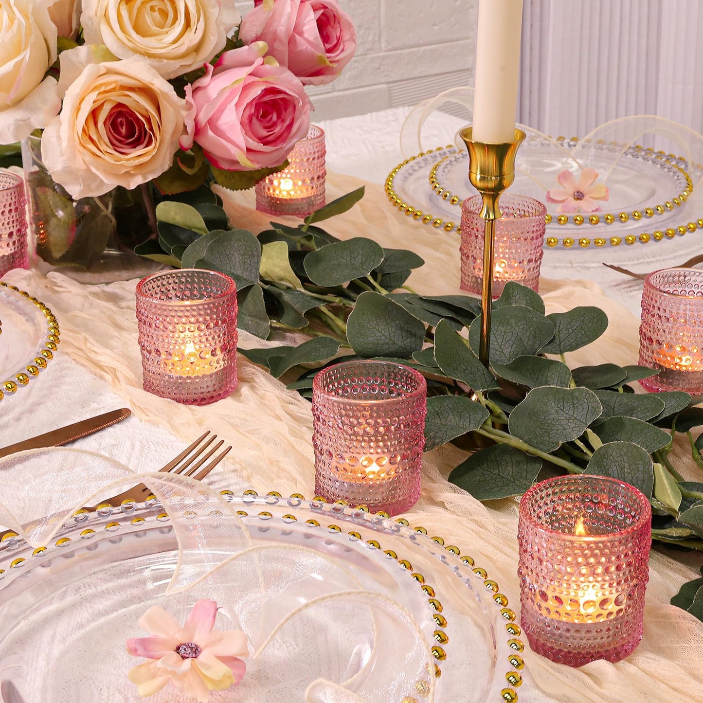 SUPMIND 24 Pcs Votive Candle Holders, Glass Holders Bulk for Table Centerpiece, Tea Lights Candle Holders for Wedding Shower, Party and Home Decor Pink
