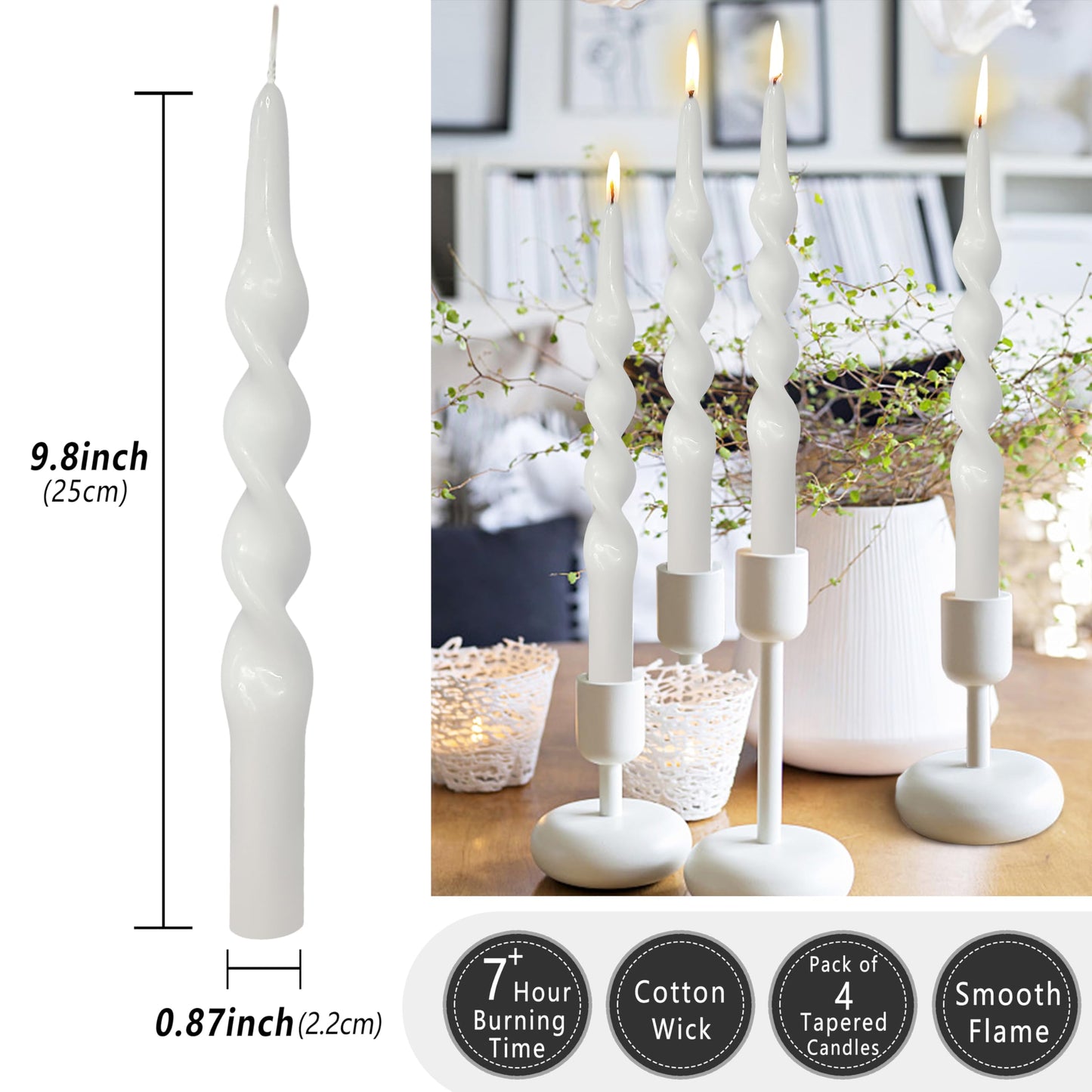 Spiral Taper Candle White Twisted Candlesticks 4 PCS Long Candle Sticks Unscented Tapered Candles for Home Décor Weddings Festive Seasons Holiday