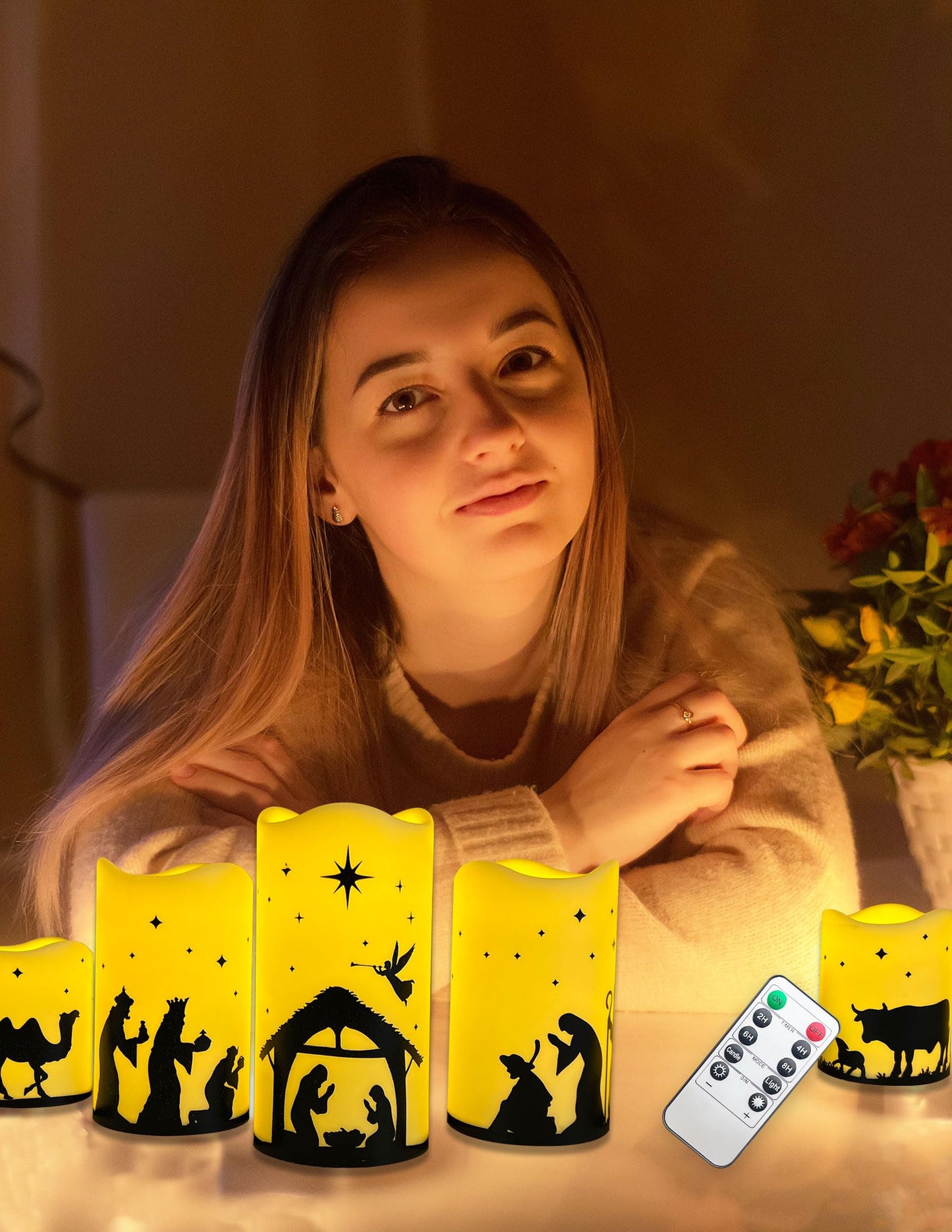 QVAIVE Flameless Christmas Nativity Scene Candles, Pillar Flickering Religion Candle with Timer Remote,Battery Operated LED Fake Candle for Xmas Home Holiday Decor Set of 5