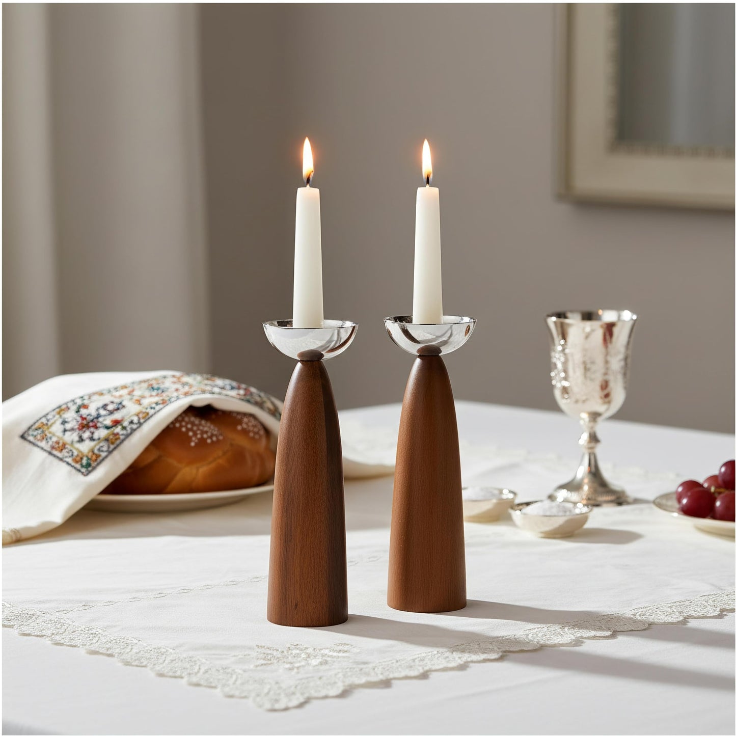 Nambé Sabbath Candlesticks – Modern Alloy & Acacia Wood Candle Holders for Shabbat & Table Décor, 2.5" x 7" – Elegant Judaica Centerpiece for Dining Table, Wedding & Holiday Lighting