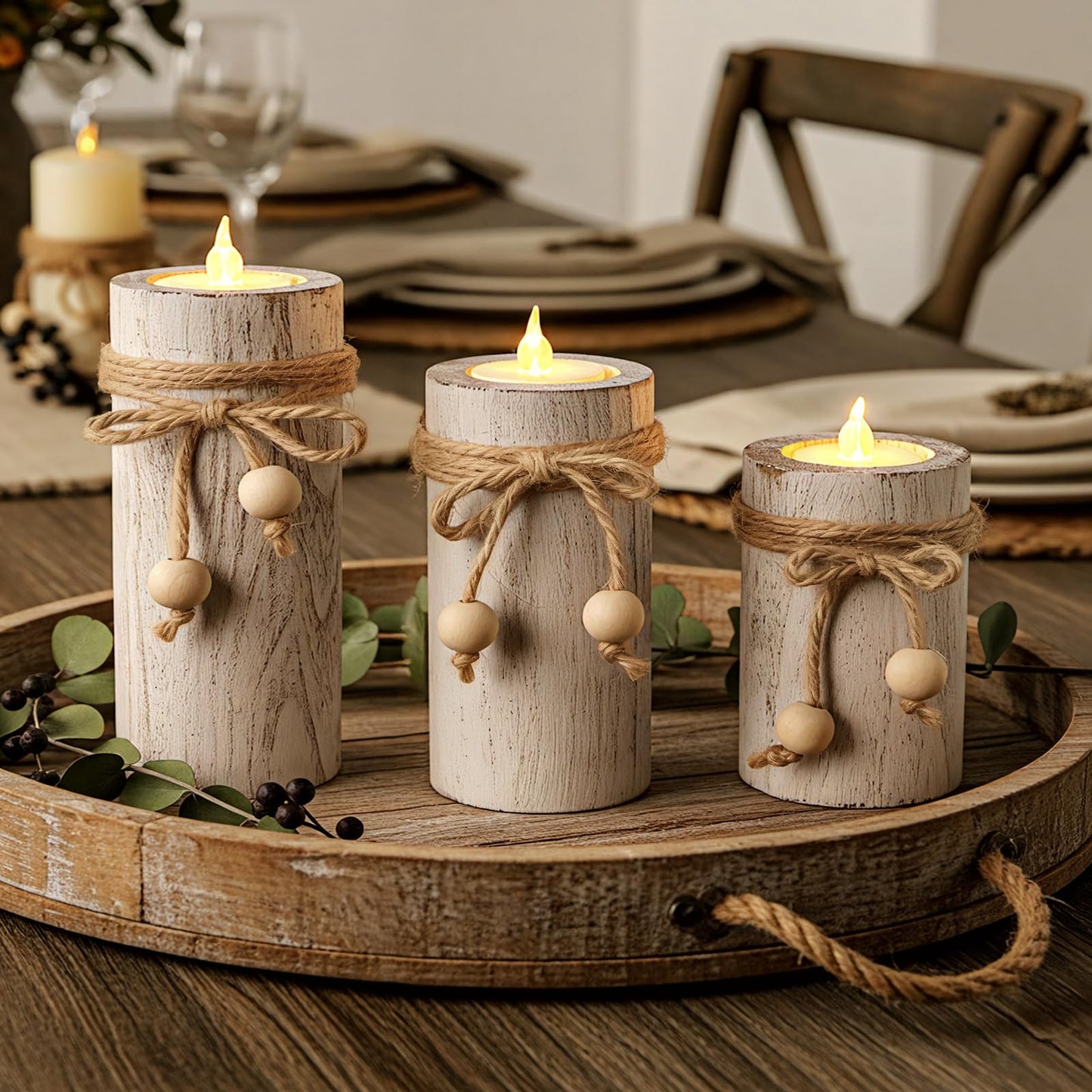 MelonBoat White Pillar Candle Holder:Farmhouse Candle Holders with Battery Operated Candles, Farmhouse Decor with Flameless LED Candles, Wood Centerpieces for Table 3-Pack for Holiday Party Home Decor