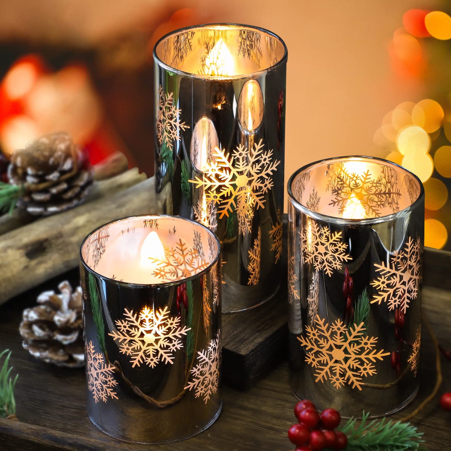 FLAVCHARM Snowflake LED Flameless Candles with Remote and Timer, Electroplate Glass Candles Operated by Battery, Christmas LED Flickering Candles Decoration for Bedroom, Party, Wedding