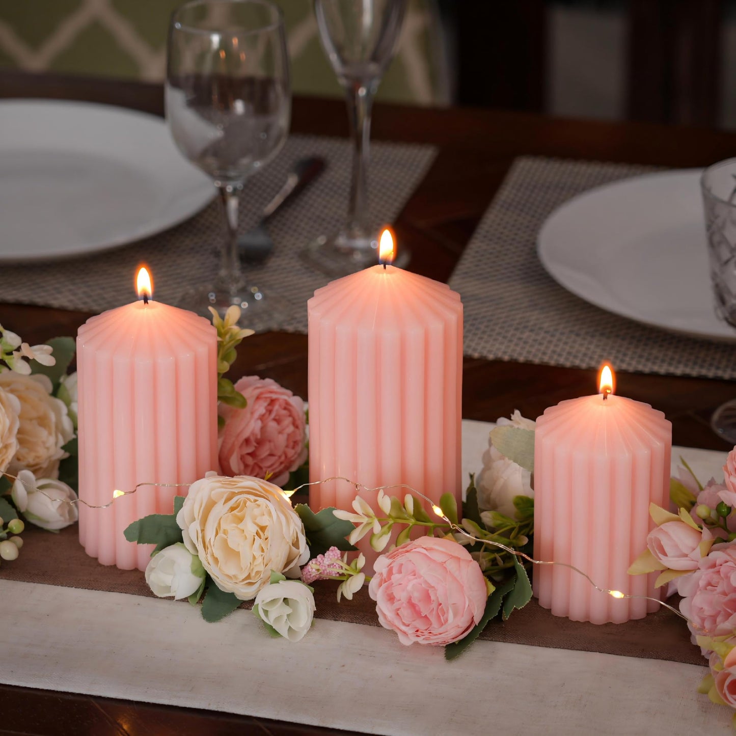 3 Pack Pink Ribbed Pillar Candles - Soy Wax Unscented Candles, 2.76x4.2/4.9/5.9 Inch Smokeless Non Toxic Cotton Wick, Perfect Spring Pillar Candles for Home Decor, Bathroom, Spa & Wedding