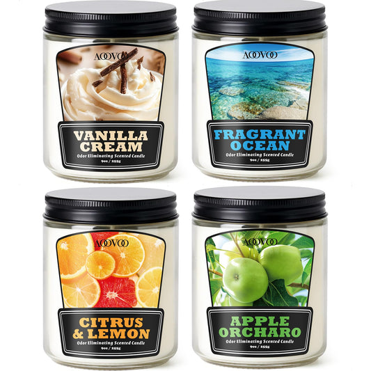 AOOVOO 4 Pack Odor Eliminating Candle - Up to 200 Hours Burn time, Eliminates 95% of Pet, Smoke, Food, and Other Smells Quickly, 36 oz Non Toxic Highly Fragranced Air Freshing Soy Candle