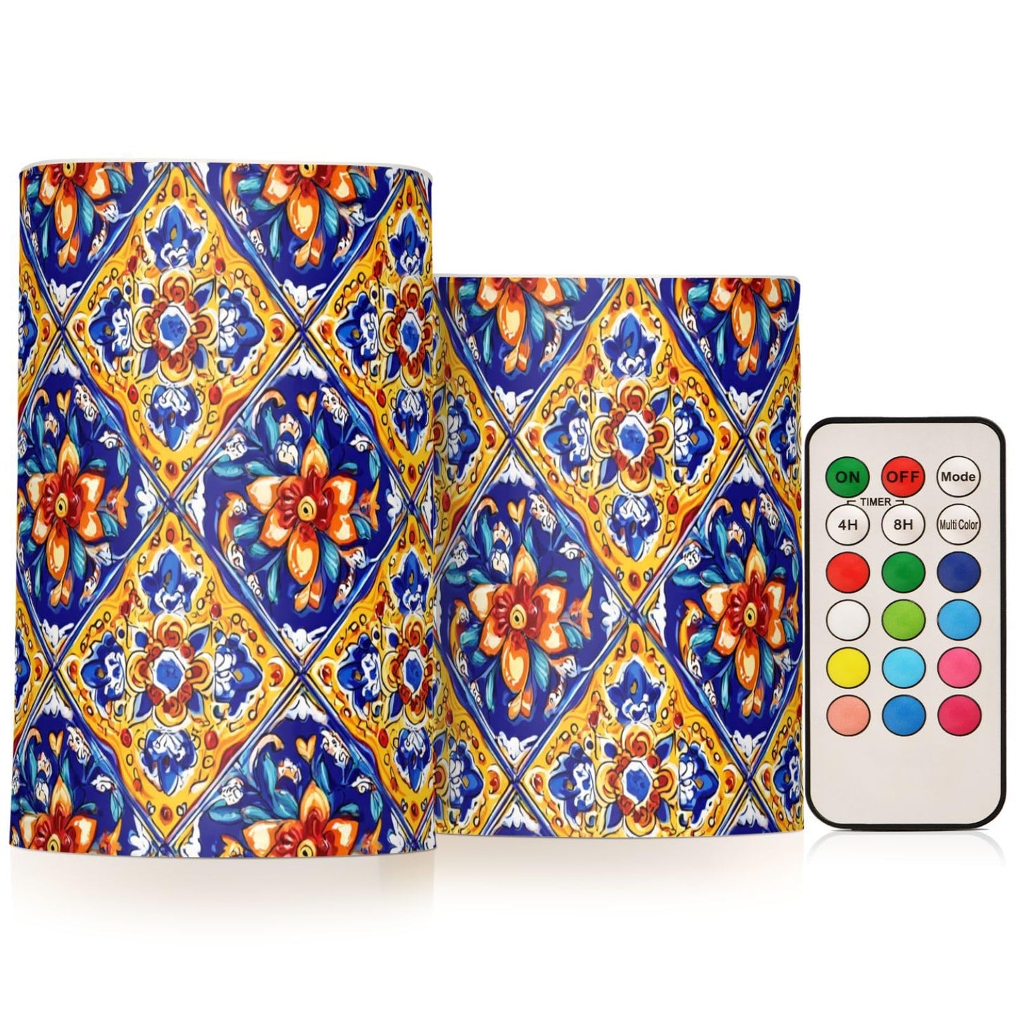 Flameless Candles Battery Operated Vintage Mexican Talavera Ceramic Tiles Flickering Led Pillar Candles With Remote Control Ethnic Flowers Pottery Colour Changing Warm Light Candles For Wedding Hall