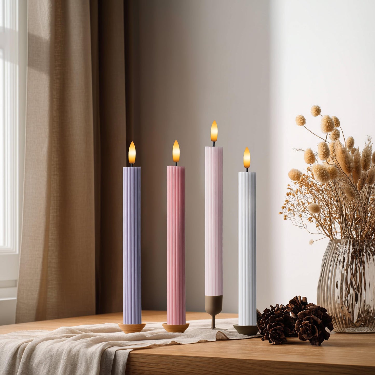 WYZworks Coordinated Dusty Mauve Pinkish Lilac 4 Pack, 10" Real Wax LED Flameless Fluted Ribbed Grooved Taper Candles, Remote & Timer Memory, On/Off Button, Dimmable, Battery Operated, Menorah Wedding