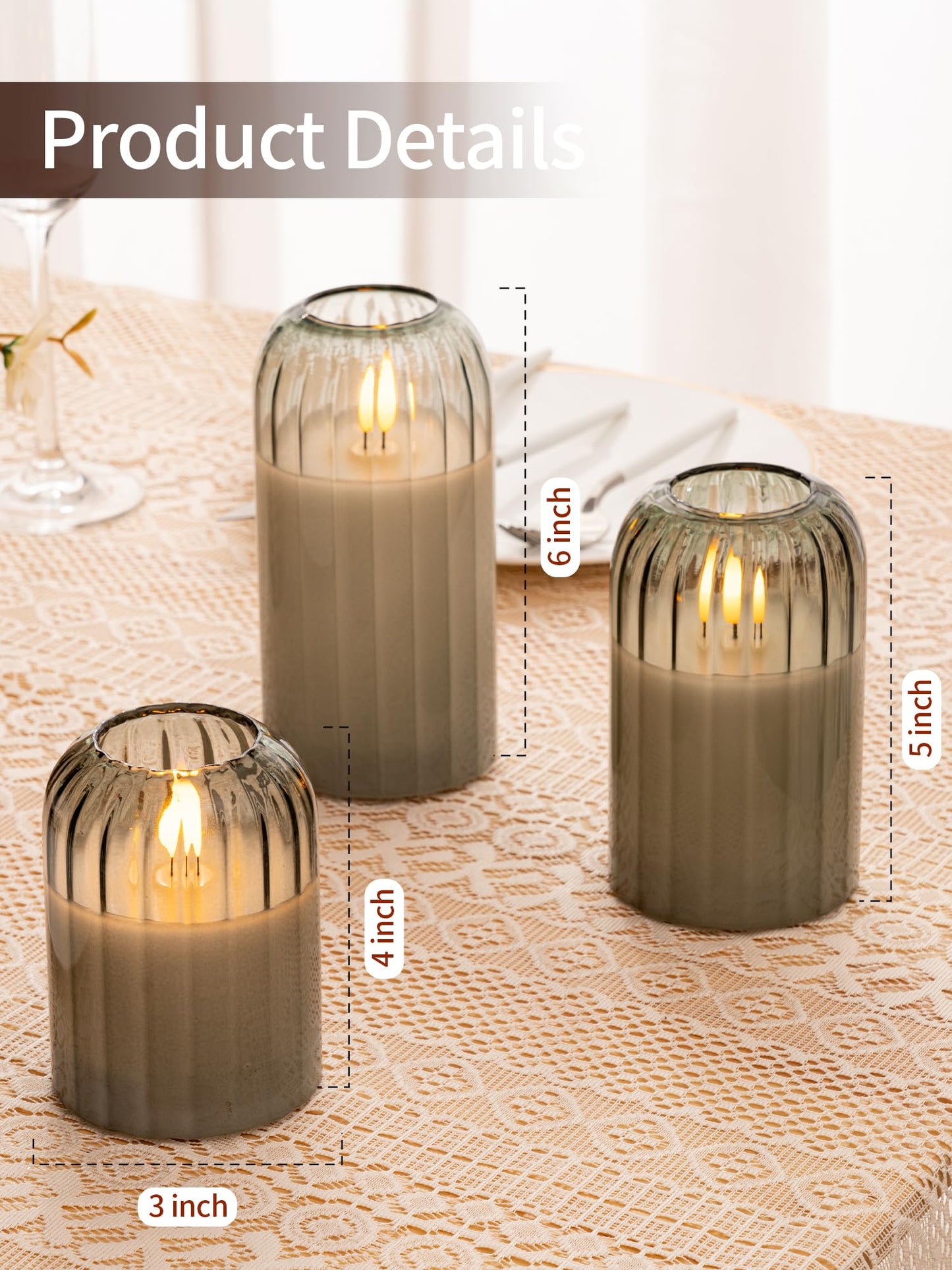 luzzup Glass Ribbed Flameless Candles - Battery Candles with Remote Timer, Green Glass LED Candles with Pumpkin Shape, Warm Light, Lasting 350 Hrs and Brightness Adjustment, Φ 3" H 4" 5" 6", Set of 3