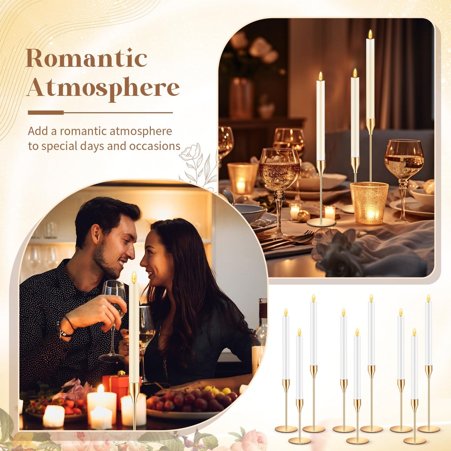 FillTouch 30 Pcs Gold Candlestick Holders with Flameless LED Candles Bulk Includes 15 Metal Candle Holders and 15 Battery Operated Taper Candles for Wedding Valentines Table Centerpieces Home Decor