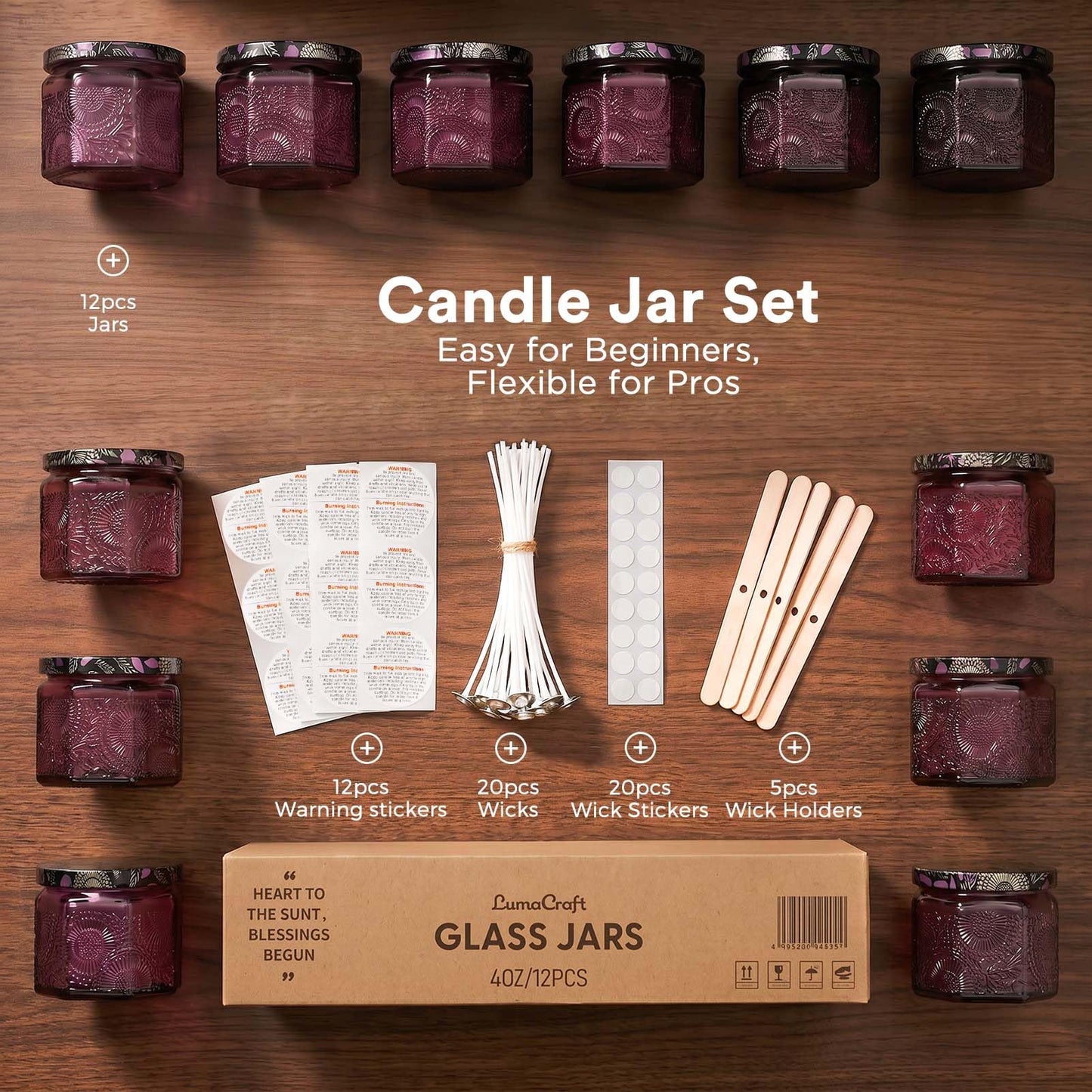 12 Pack 4oz Glass Candle Jars with Lids, Hexagon Embossed Candle Making Containers, Empty Candle Jars with 20 Wicks & Labels for DIY Candle Making, Party Favors, Home Decor