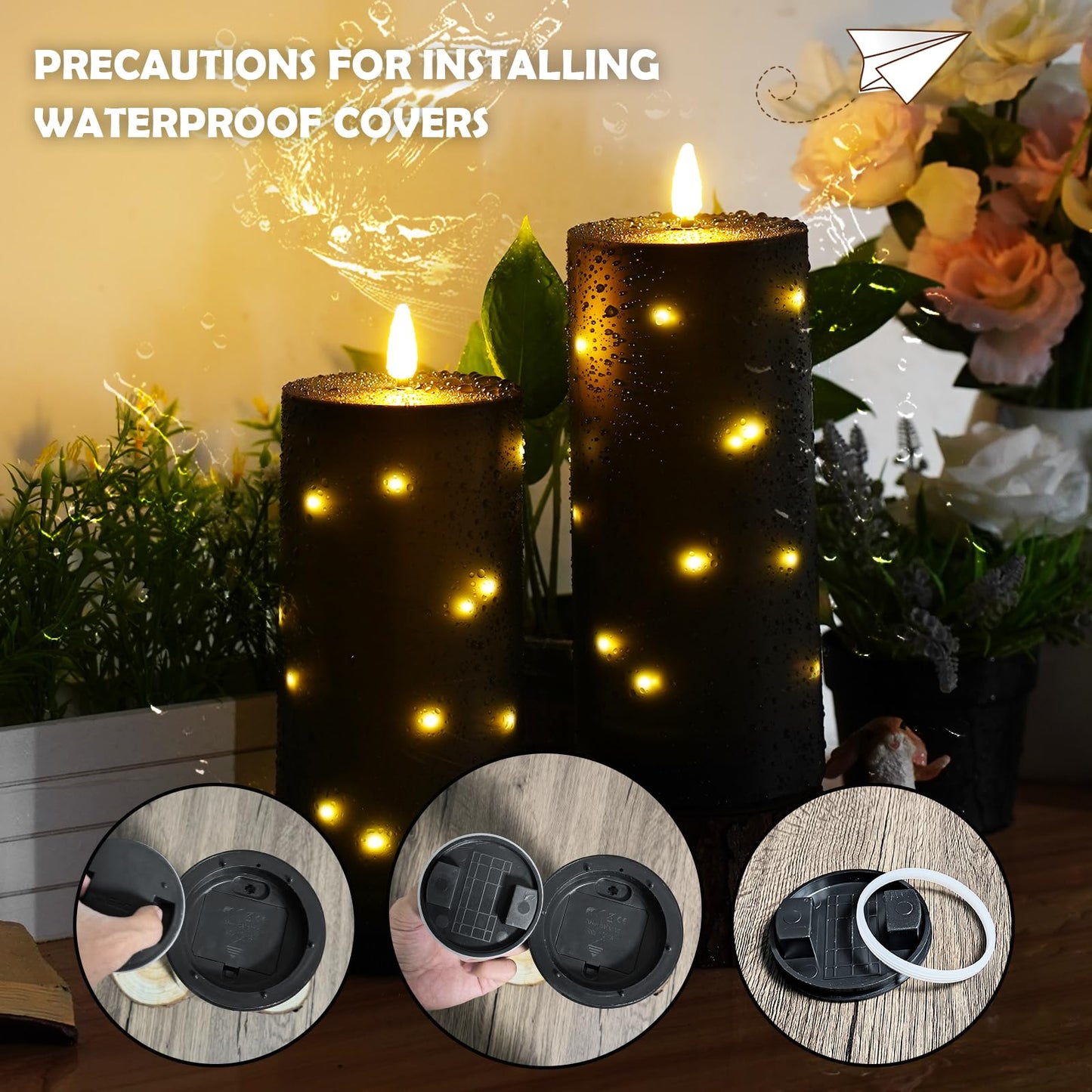 kakoya 10" x 4" Large Outdoor Waterproof Flickering Flameless Candles with Timer,2Pcs Battery Operated LED Pillar Candles with Embedded Star String for Outdoor Lanterns,Porch,Patio Decor(Black)