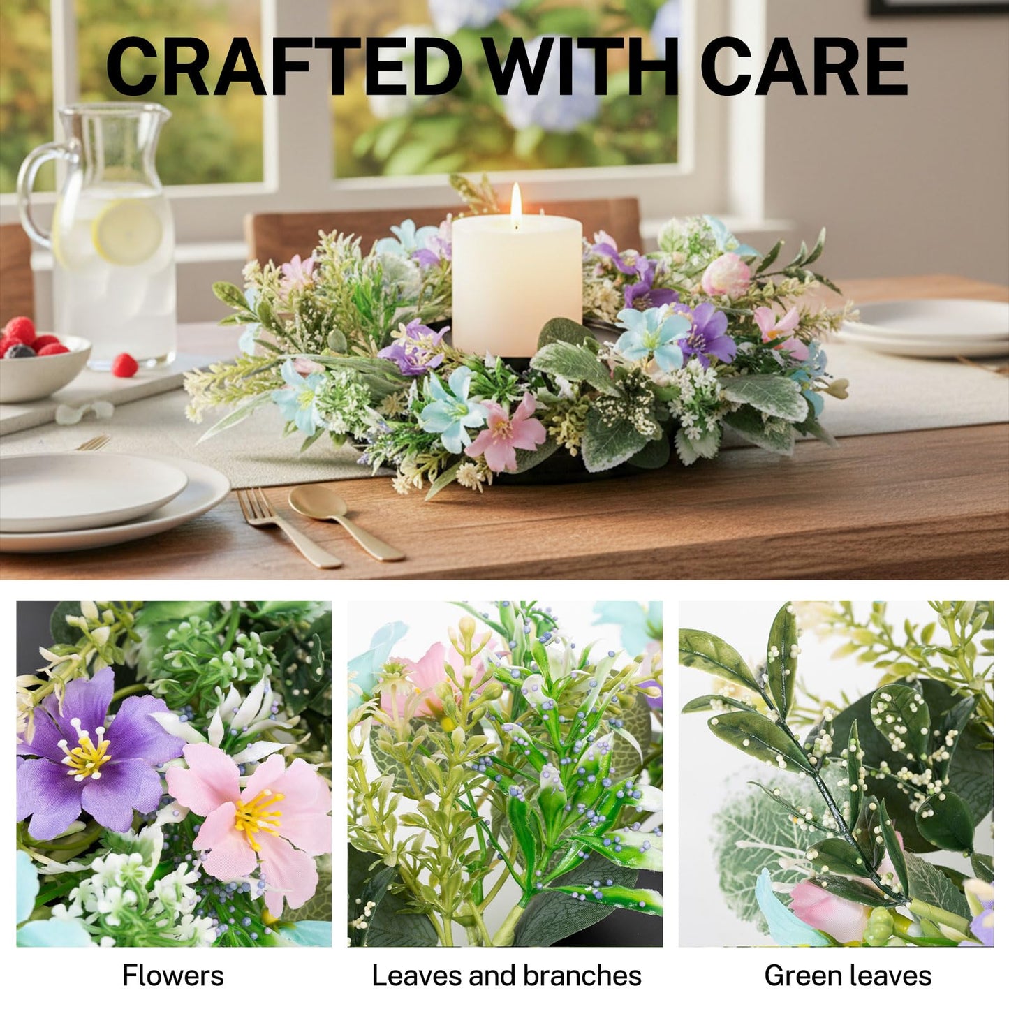 MOYEE Summer Candle Holder Centerpieces for Tables,Candle Ring, Black Metal Candlestick with an Artificial Wreath 14 in Versatile Dining Table Centrepiece (Blue and Purple Flower Wreath)
