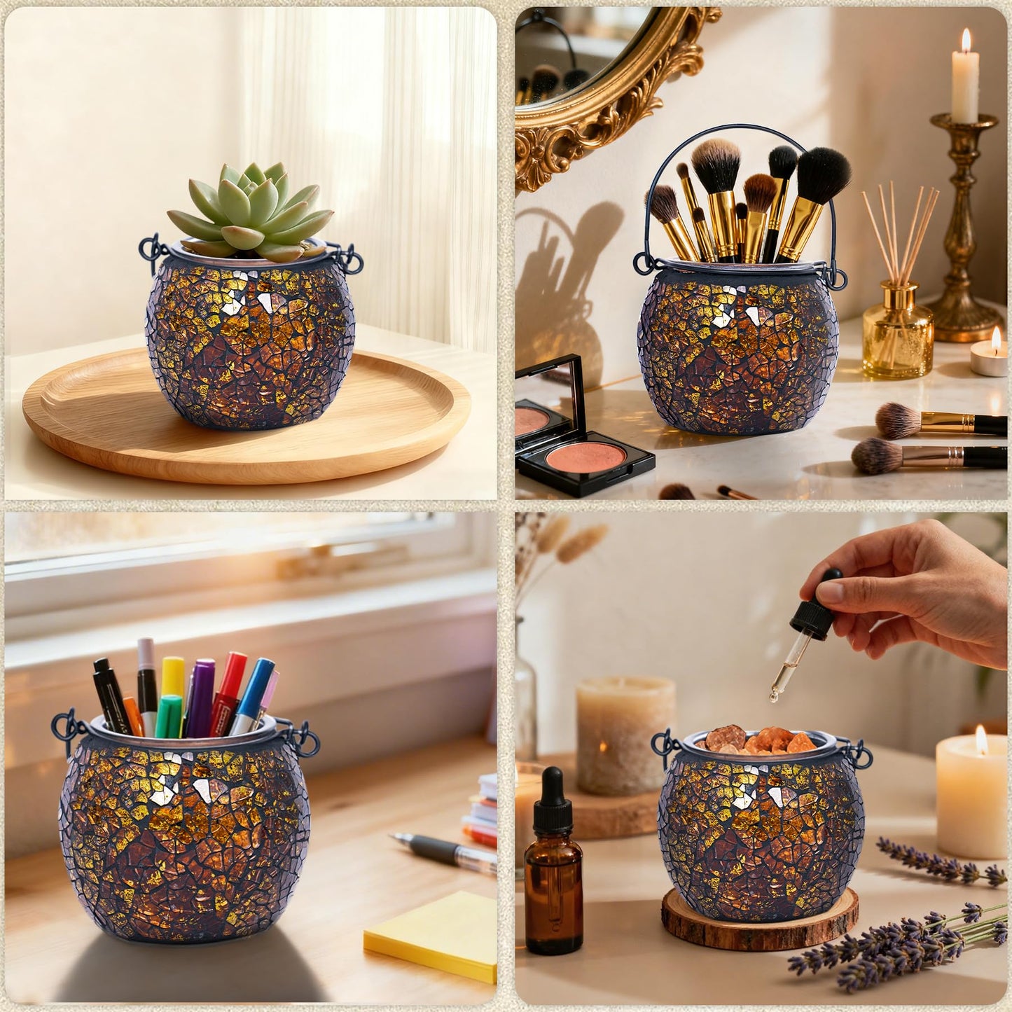 Rancco Candle Holder Mosaic Glass Tea Light Holder, Votive Candle Holders with Handle for Thanksgiving Table Centerpiece Christmas Party Decor,Also Used as Vase,Pen Holder,Potted Plants Bowl (Amber)