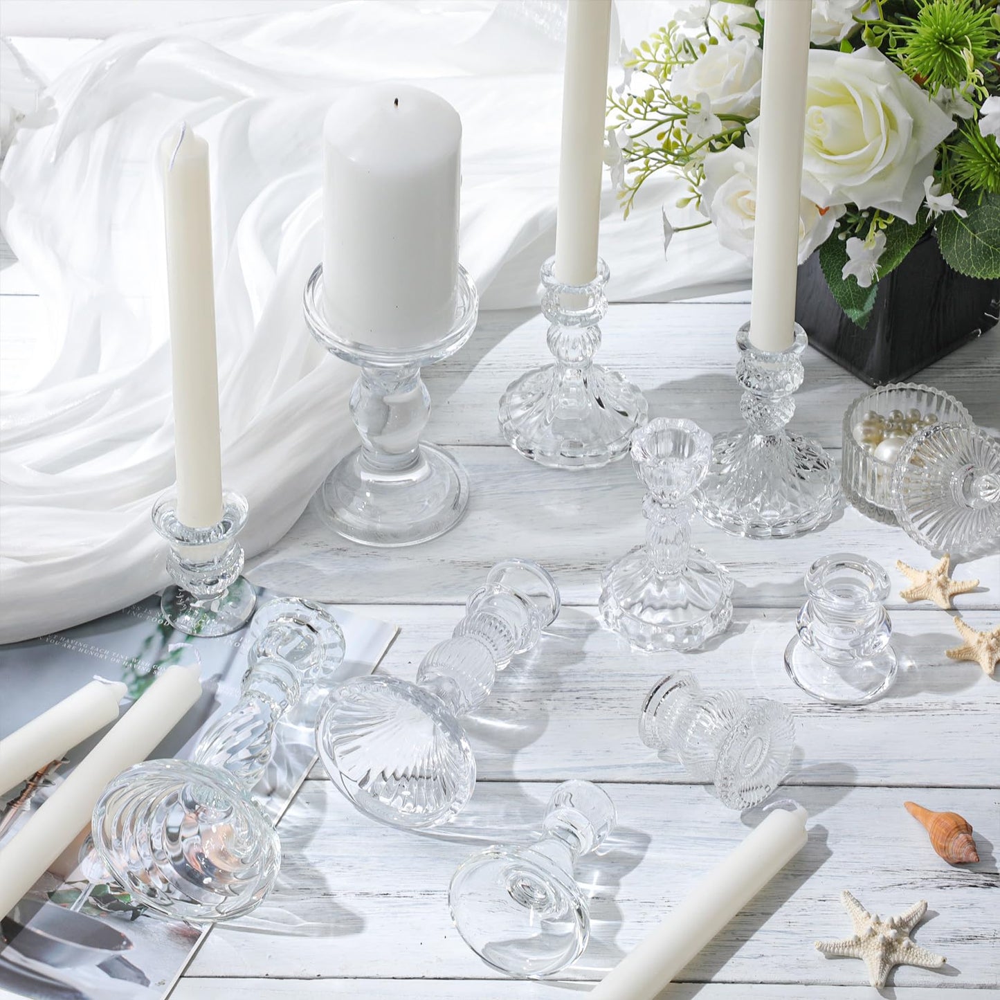 Mumufy 20 Sets Glass Crystal Taper Candle Holders Stand Centerpiece Bulk with 10 in Taper Candles Sticks Clear Decorations Table Wedding Dining Party (Transparent)