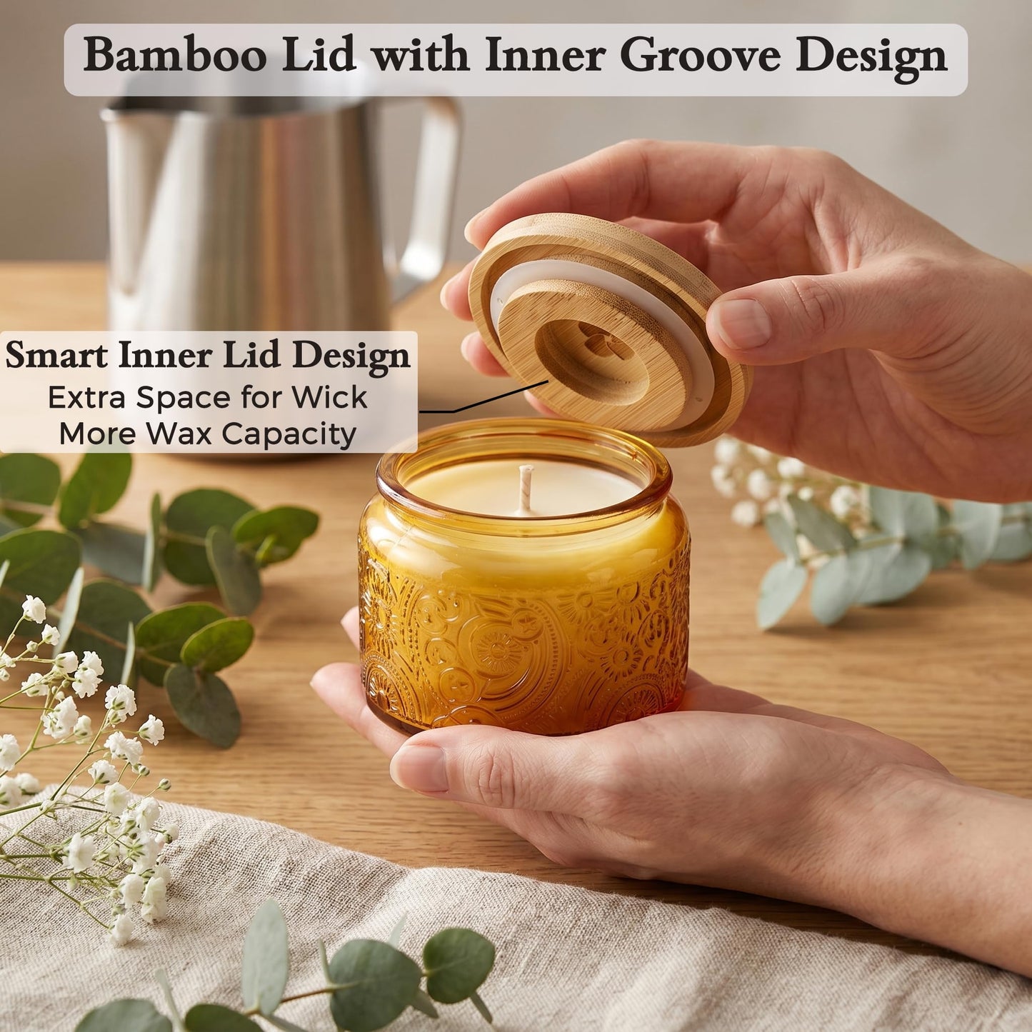 18-Pack 4oz Embossed Glass Candle Container with Bamboo Lids and Labels, Orange Candle Jars for Making Candles, Sun Moon Star Design