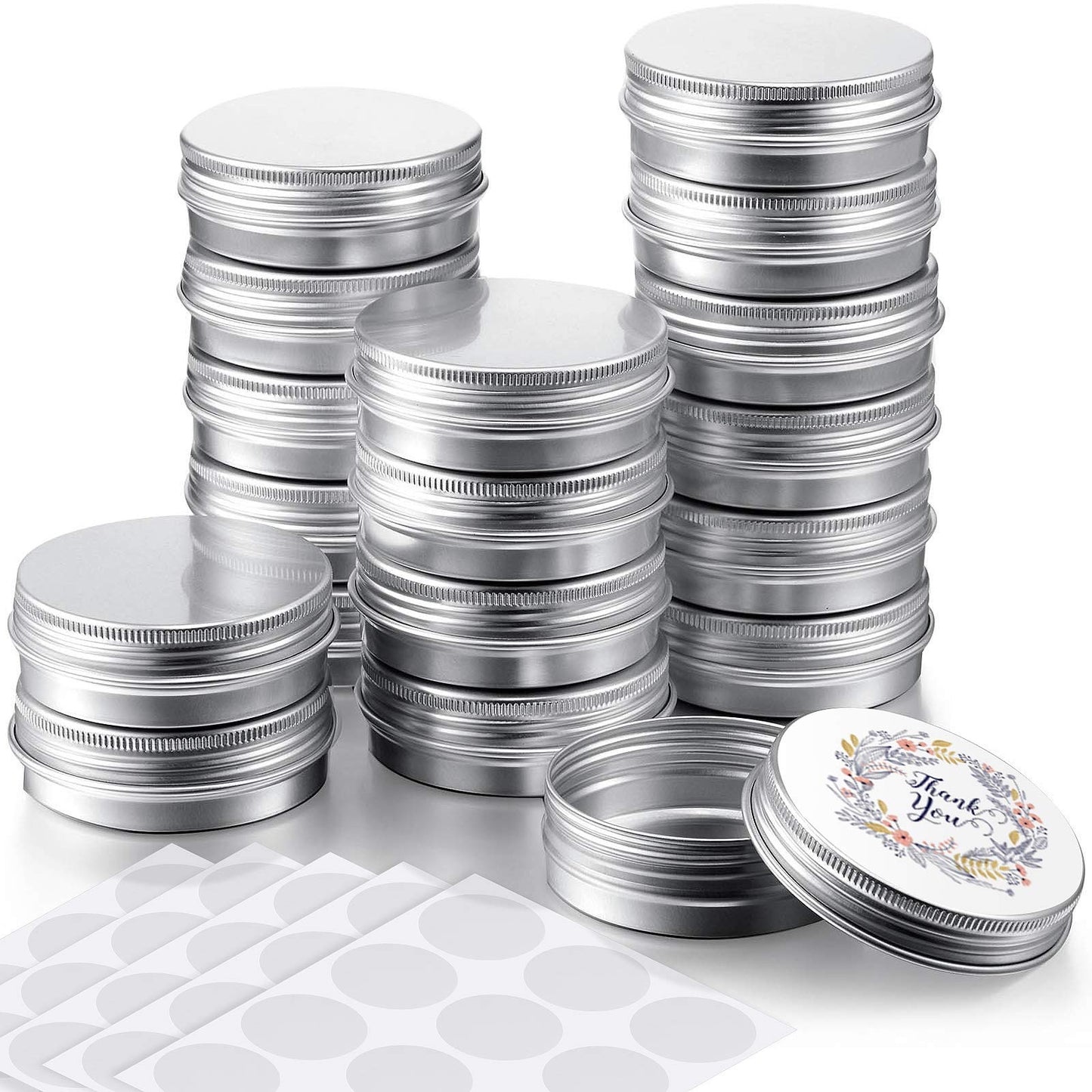 Patelai 2 oz Silver Metal Round Tins Aluminum Tin Cans Salve Tins Containers with Screw Lid 10 Sheets Stickers for Salve Spice Candies Balms Candles, 36 Pack (Classic Style)