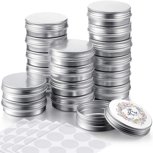 Patelai 2 oz Silver Metal Round Tins Aluminum Tin Cans Salve Tins Containers with Screw Lid 10 Sheets Stickers for Salve Spice Candies Balms Candles, 36 Pack (Classic Style)