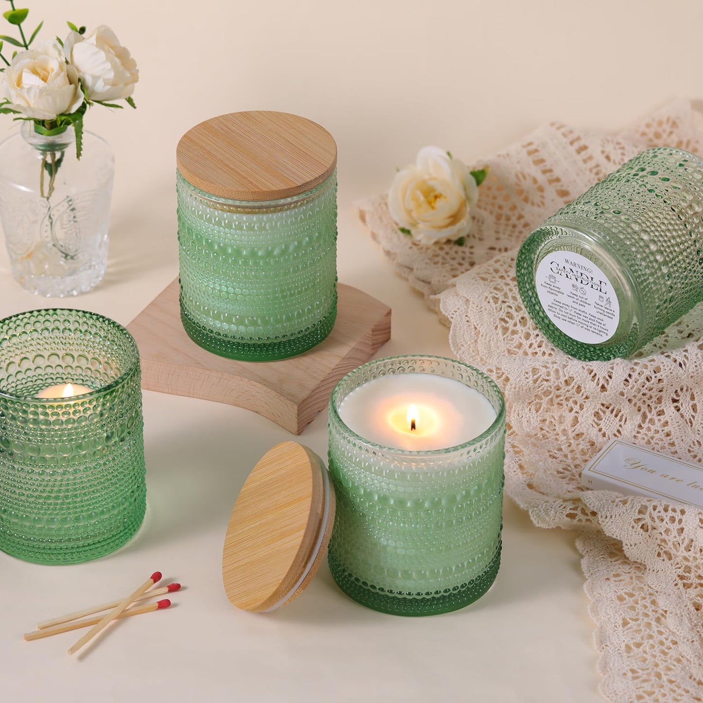 DARJEN 8 Pack Green Candle Jars for Making Candles- 14 OZ Empty Glass Candle Making Jars with Bamboo Lids and Labels, Candle Containers Candle Making Supplies for DIY Gifts