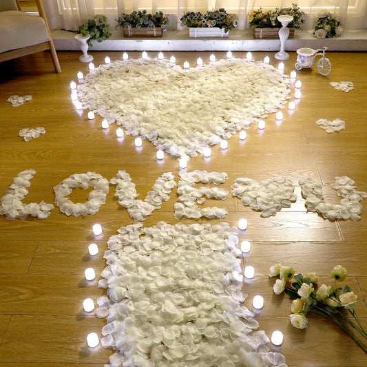 Coume 6000 Pcs Artificial Rose Petals with 72 Pcs Flameless LED Candles Romantic Decorations Fake Candles Anniversary Decorations for Valentine's Day Wedding Night(White)